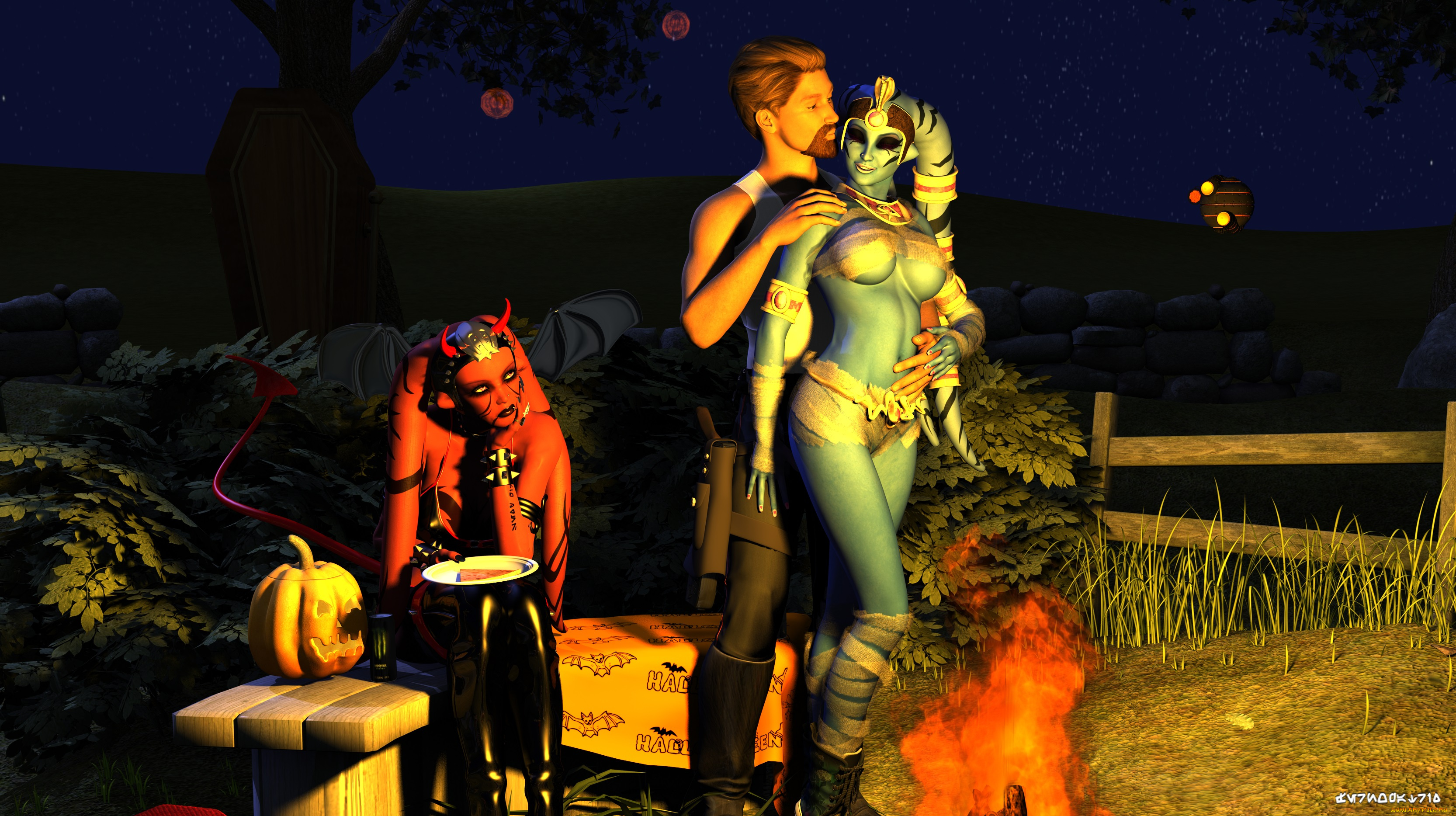 3д, графика, существа, , creatures, кастаника, халк, улыбка, тыква, стол, костер, деревья, мужчина
