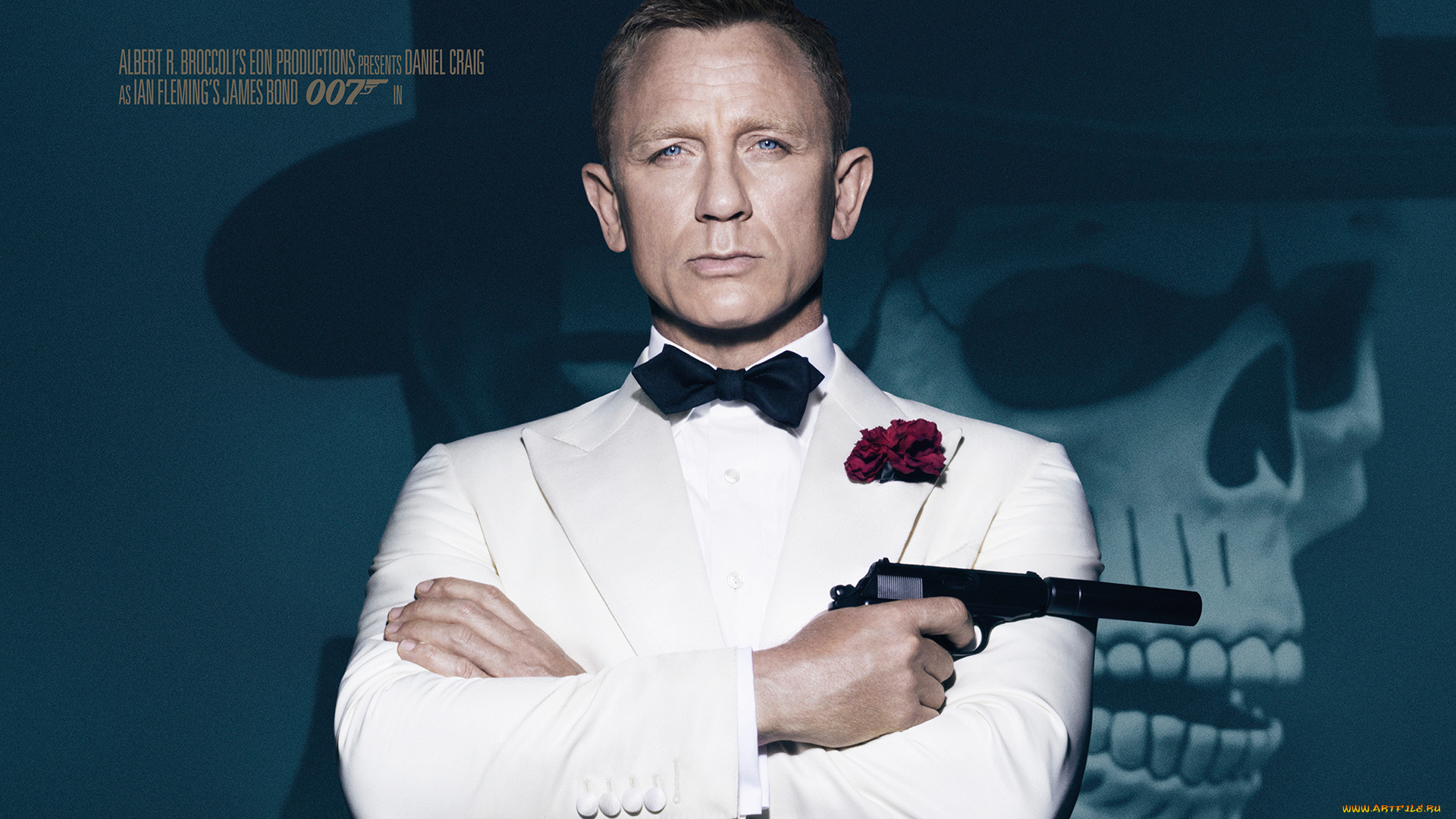 кино, фильмы, 007, , spectre, в, белом, daniel, craig, агент, дэниэл, крэйг, джеймс, бонд, james, bond, шляпа, череп, фон, spectre, глушитель, пистолет, костюме