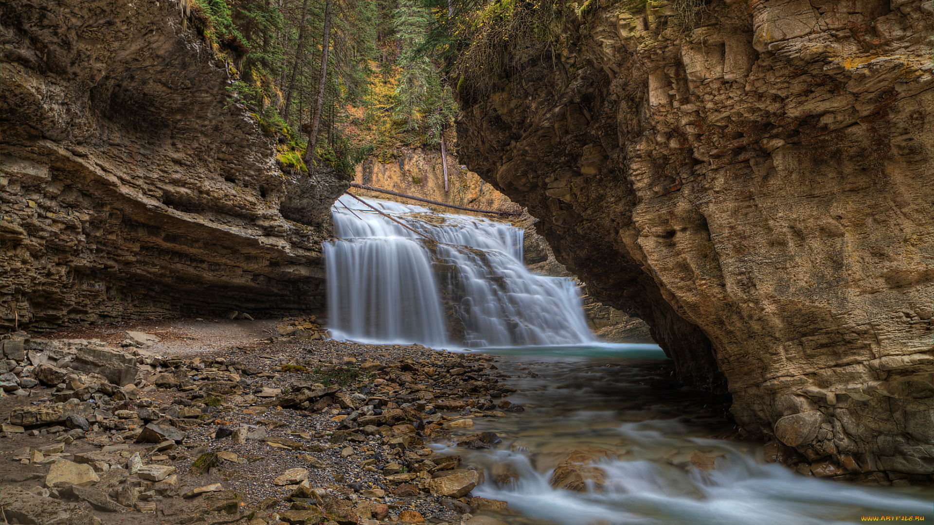 природа, водопады, горы, скалы, река, поток, водопад, деревья
