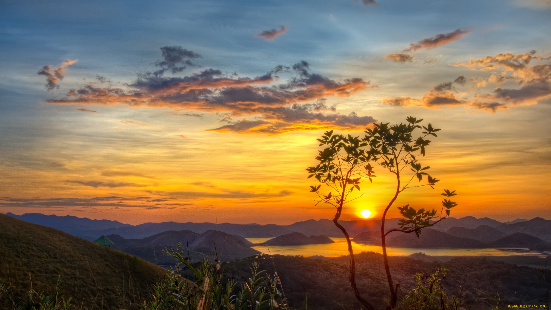 природа, восходы, закаты, солнце, небо, облака, листва, растения, горы, склоны