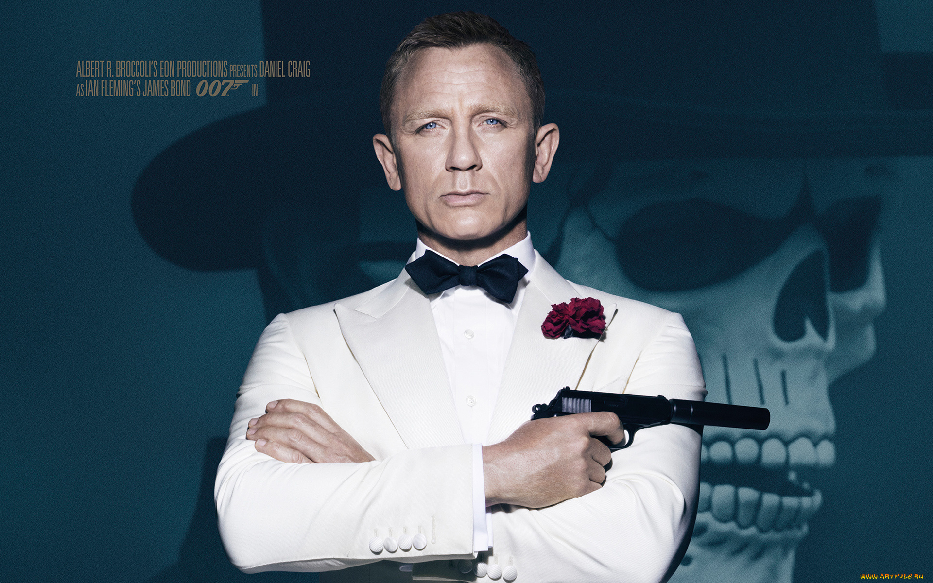 кино, фильмы, 007, , spectre, в, белом, daniel, craig, агент, дэниэл, крэйг, джеймс, бонд, james, bond, шляпа, череп, фон, spectre, глушитель, пистолет, костюме