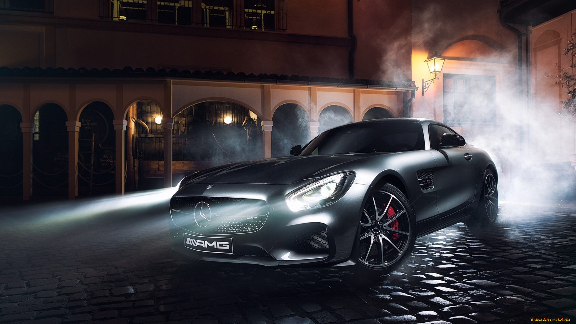 автомобили, mercedes-benz, мерседес, серебристый, свет, ночь, улица, дома