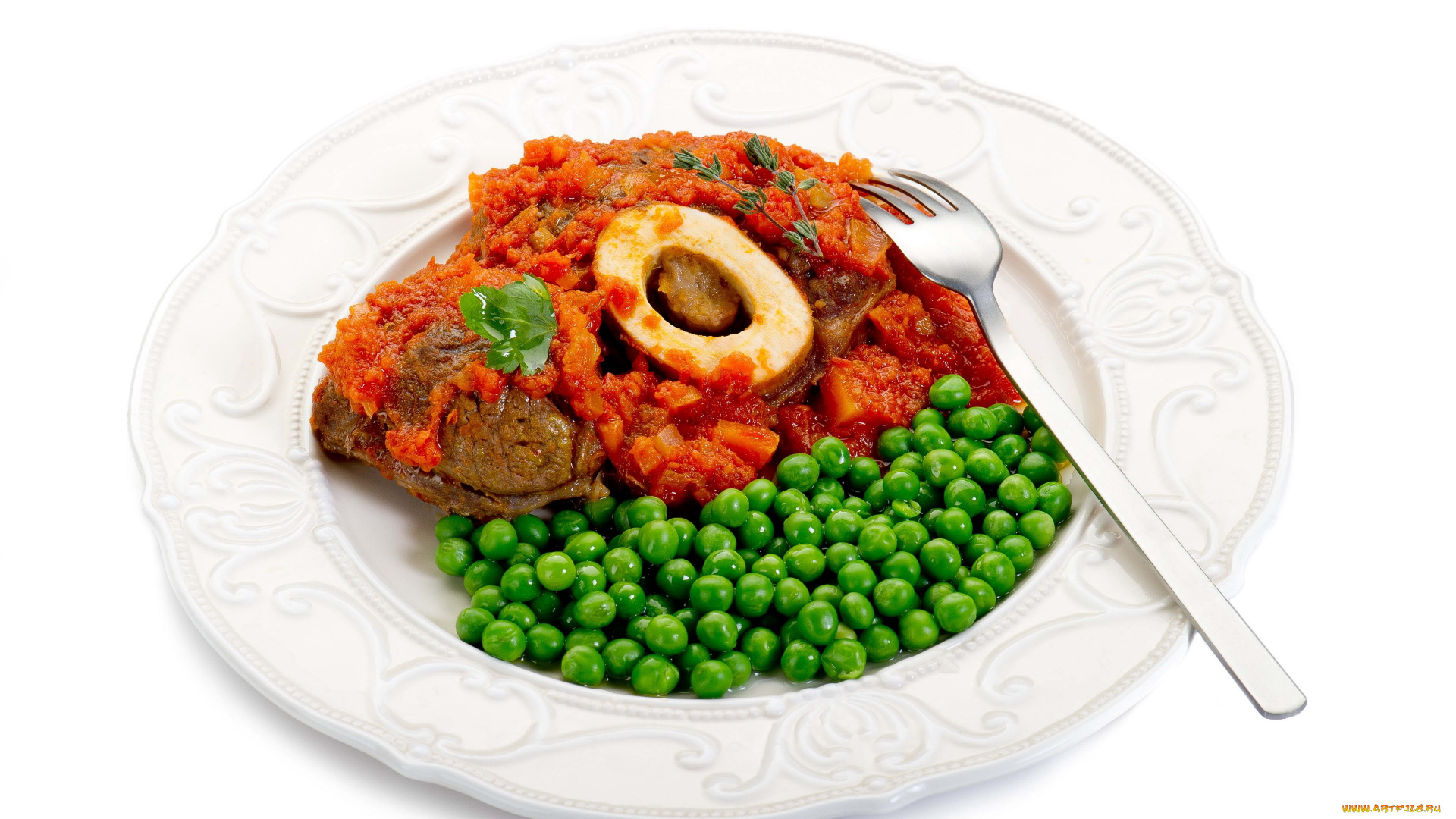 еда, вторые, блюда, вилка, горошек, тарелка, мясо, соус