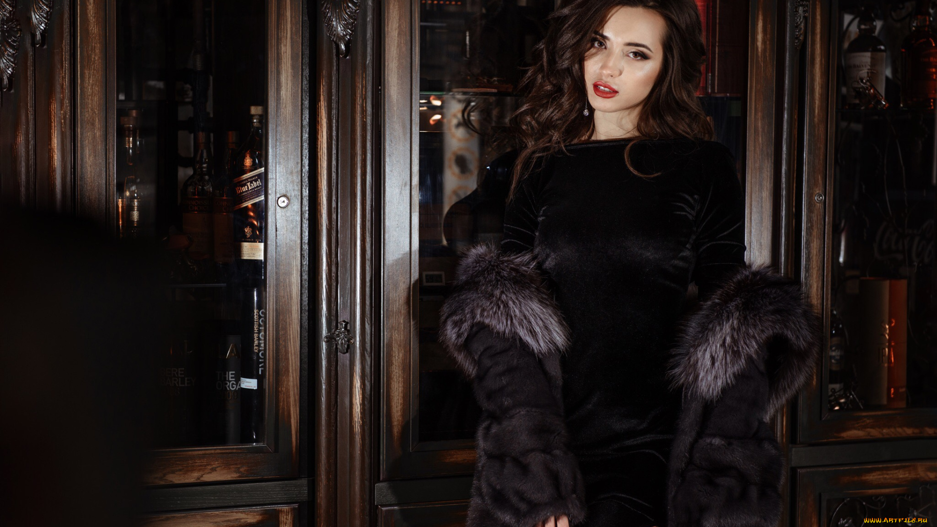 девушки, -unsort, , брюнетки, темноволосые, красная, помада, платье, смотрит, на, зрителя, коричневые, глаза, длинные, волосы, брюнетка, модель, меховое, пальто, черное