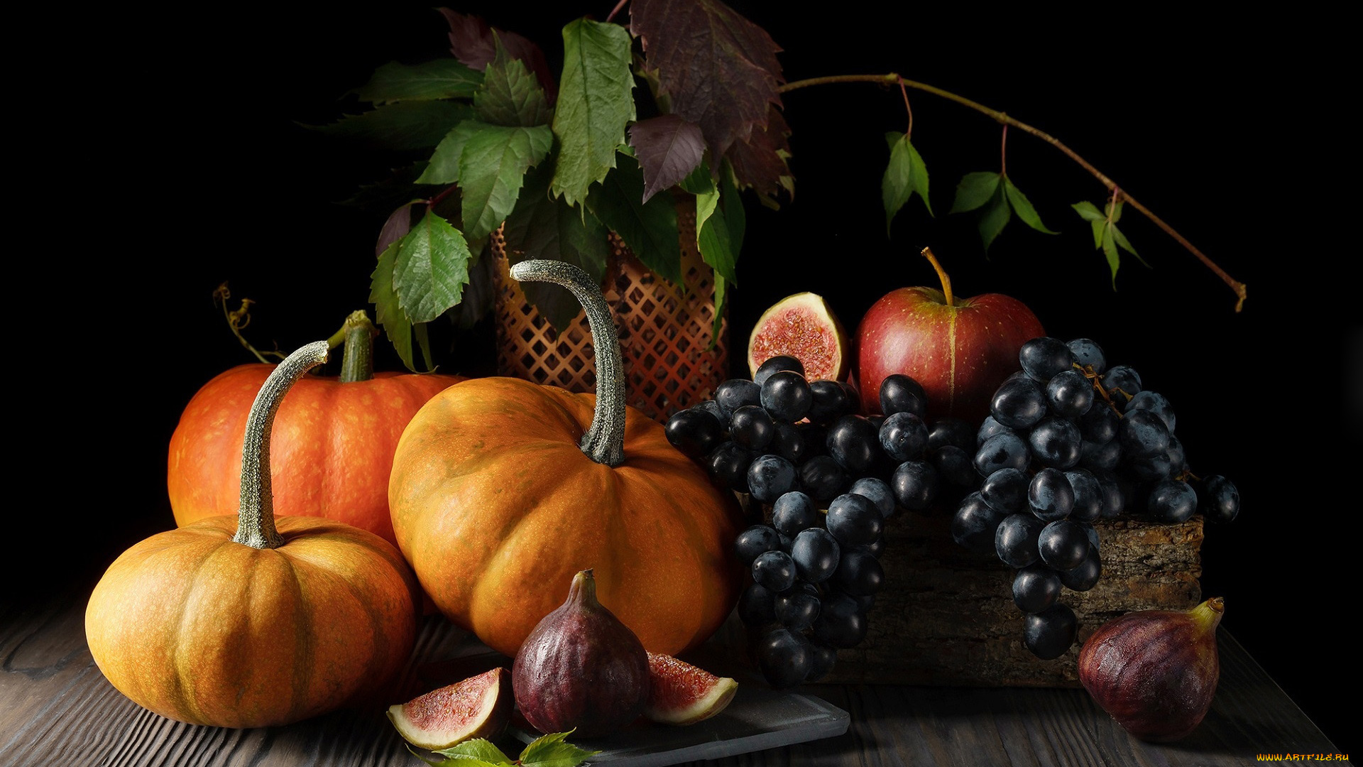 еда, фрукты, и, овощи, вместе, виноград, тыква, инжир