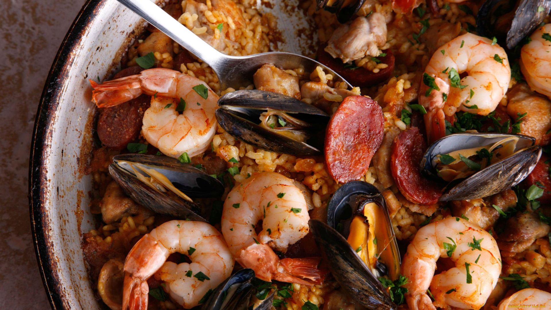 еда, рыбные, блюда, , с, морепродуктами, паэлья, рис, мидии, креветки