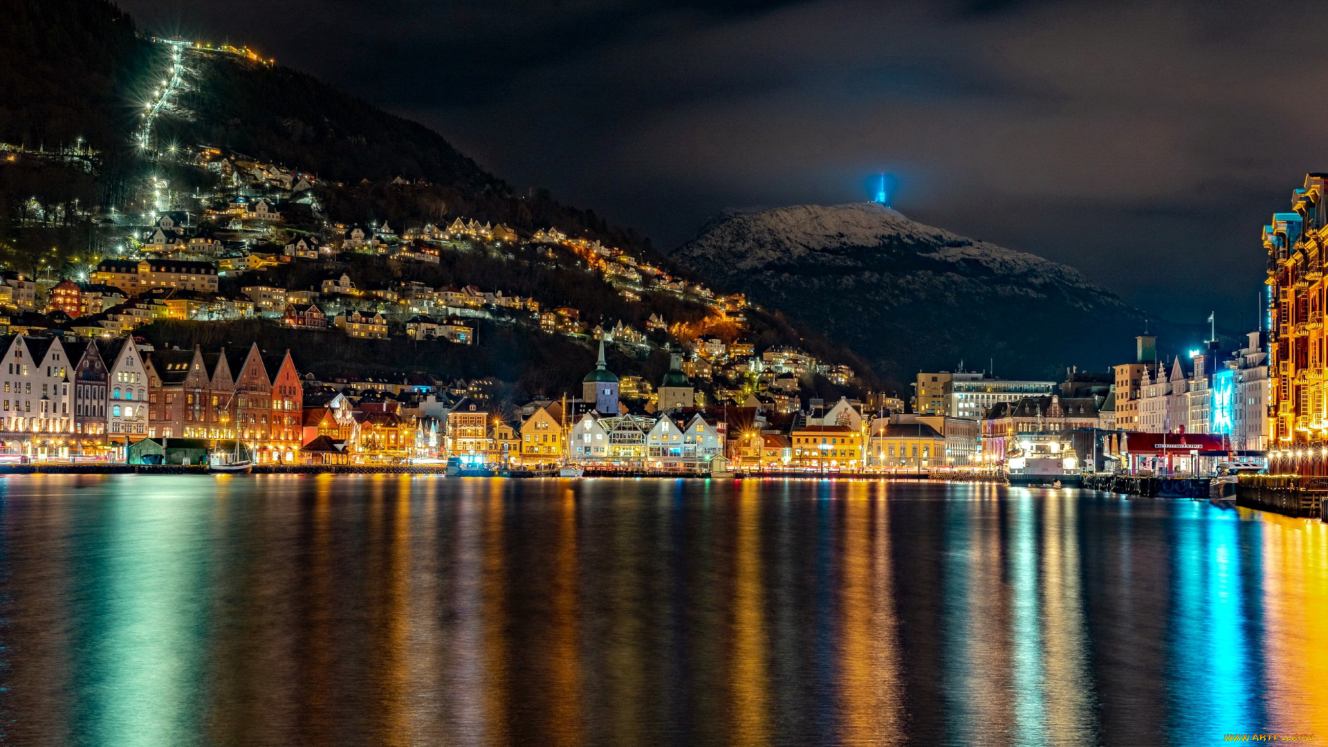 города, берген, , норвегия, вечер, огни