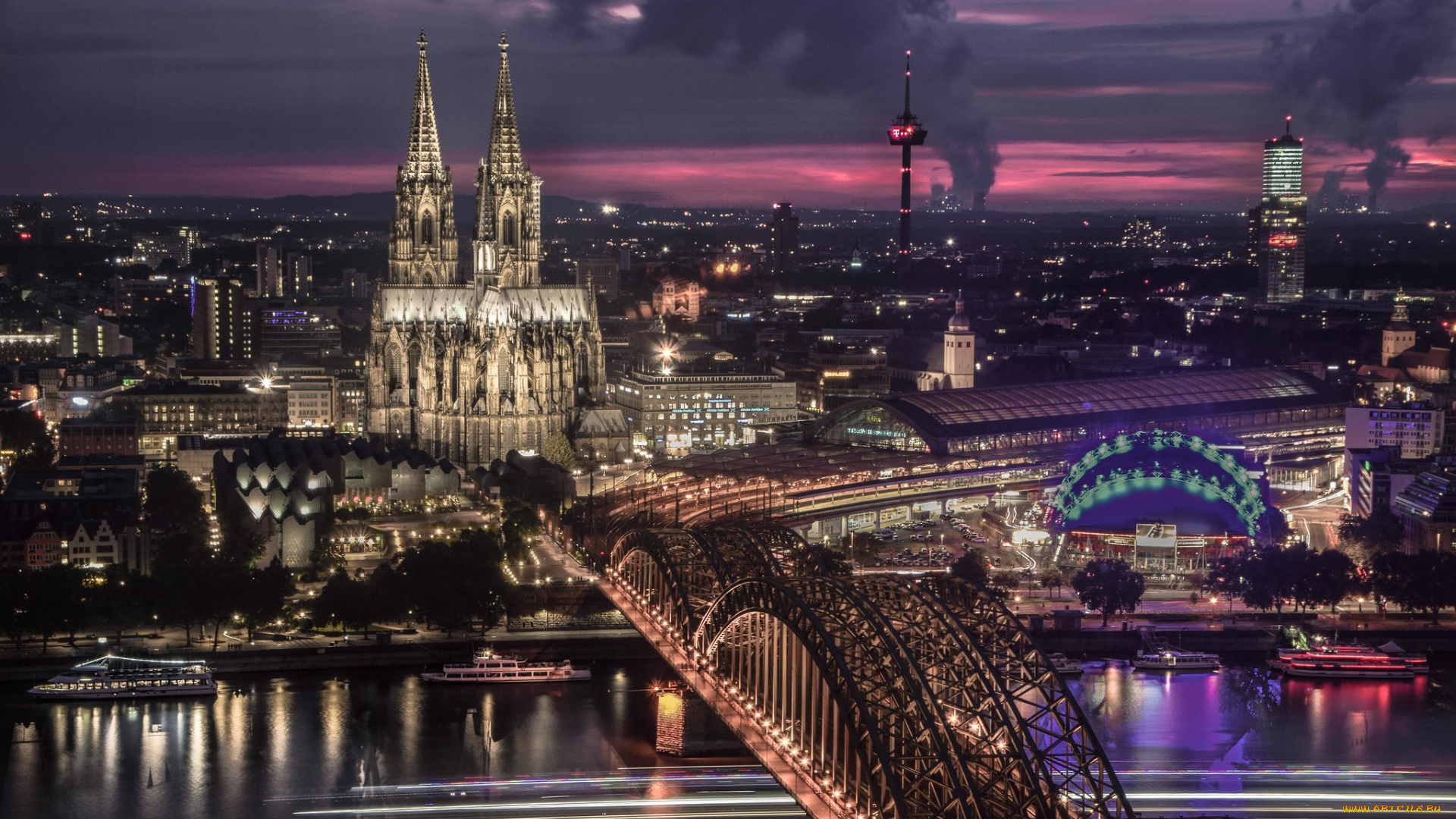города, кельн, , германия, огни, вечер, собор, мост, река