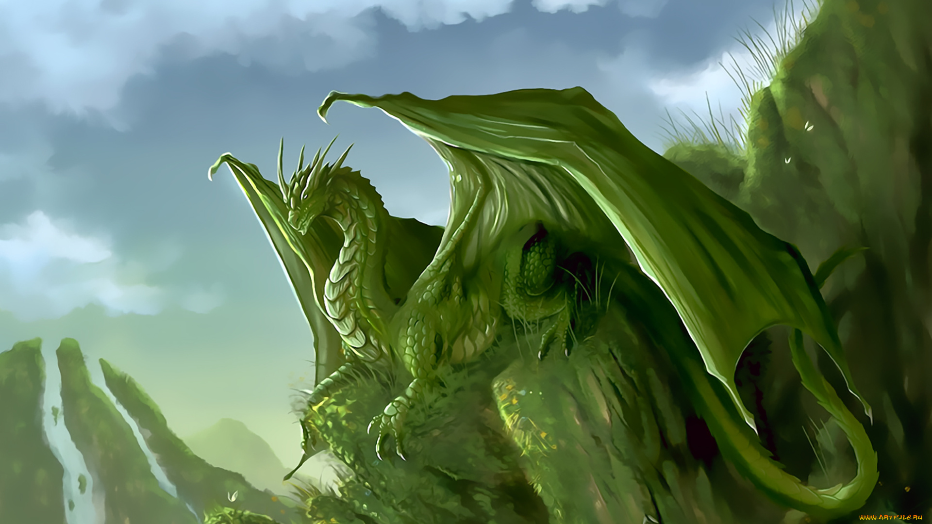 календари, фэнтези, 2019, calendar, небо, крылья, зеленый, дракон