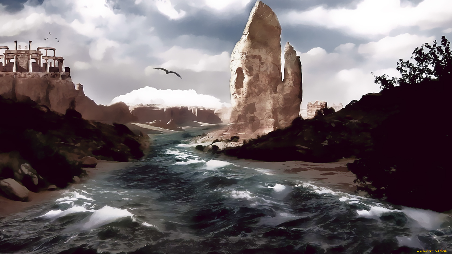 календари, фэнтези, 2019, вода, calendar, водоем, камень, природа, небо, птица