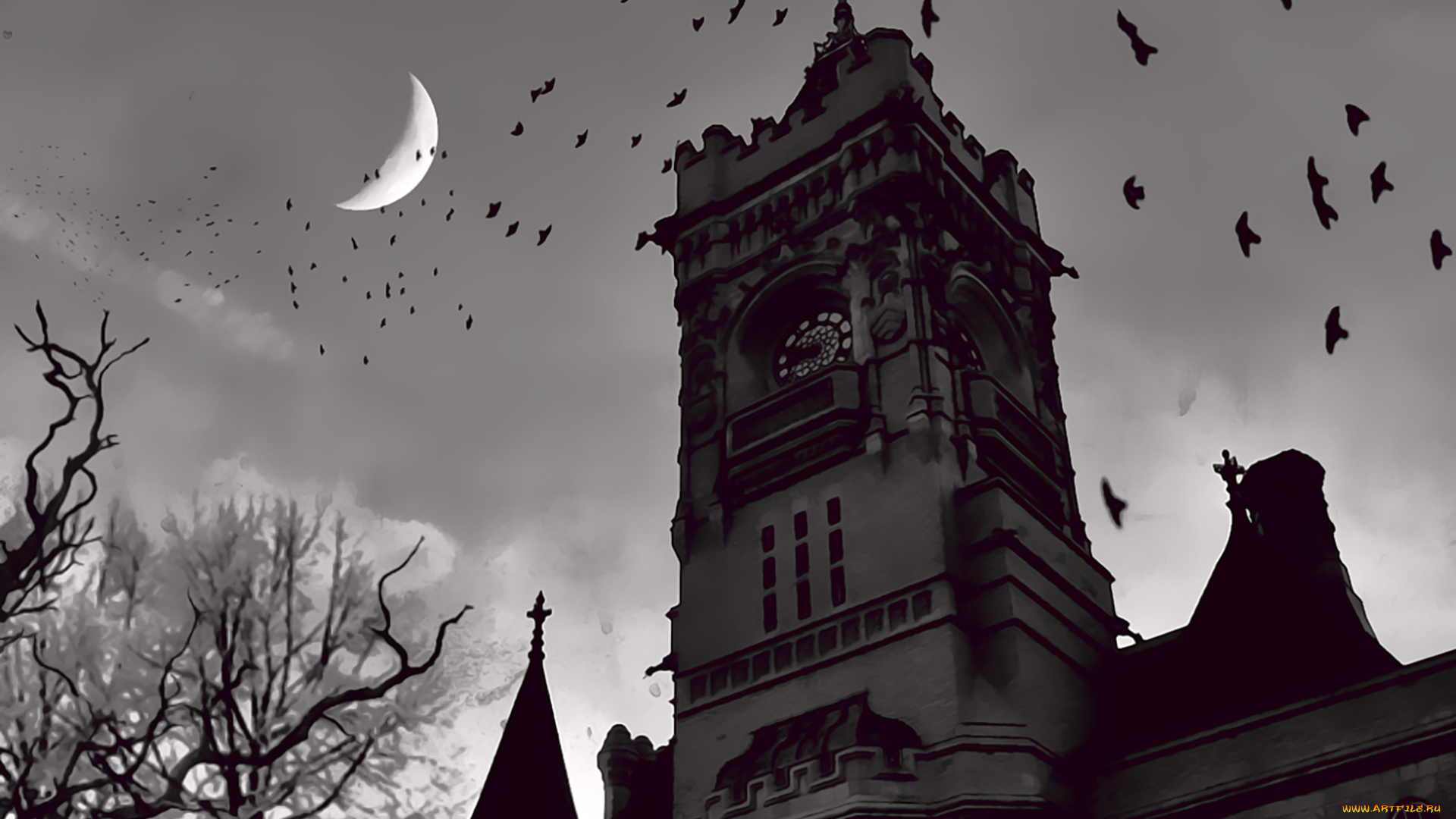 календари, фэнтези, calendar, архитектура, растение, ночь, дерево, замок, башня, здание, 2019