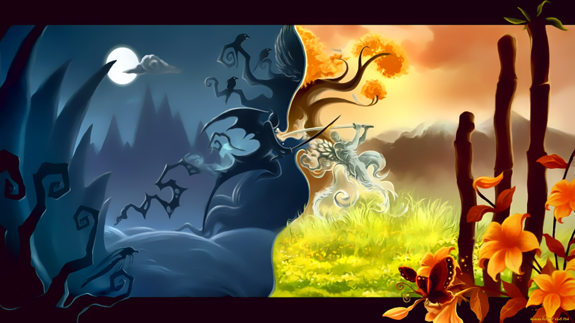 календари, фэнтези, день, природа, оружие, цветы, существо, 2019, ночь, calendar