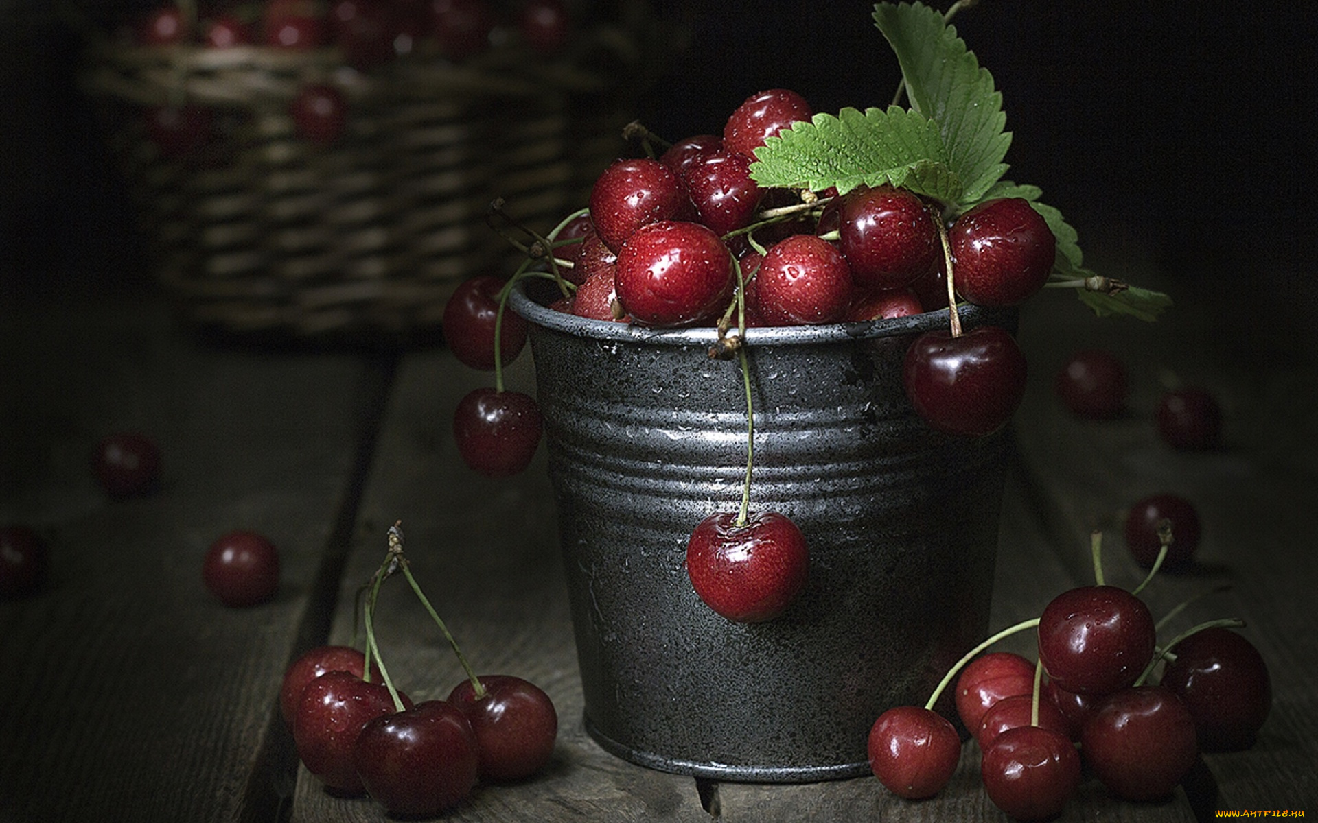 еда, вишня, , черешня, капли, ведерко
