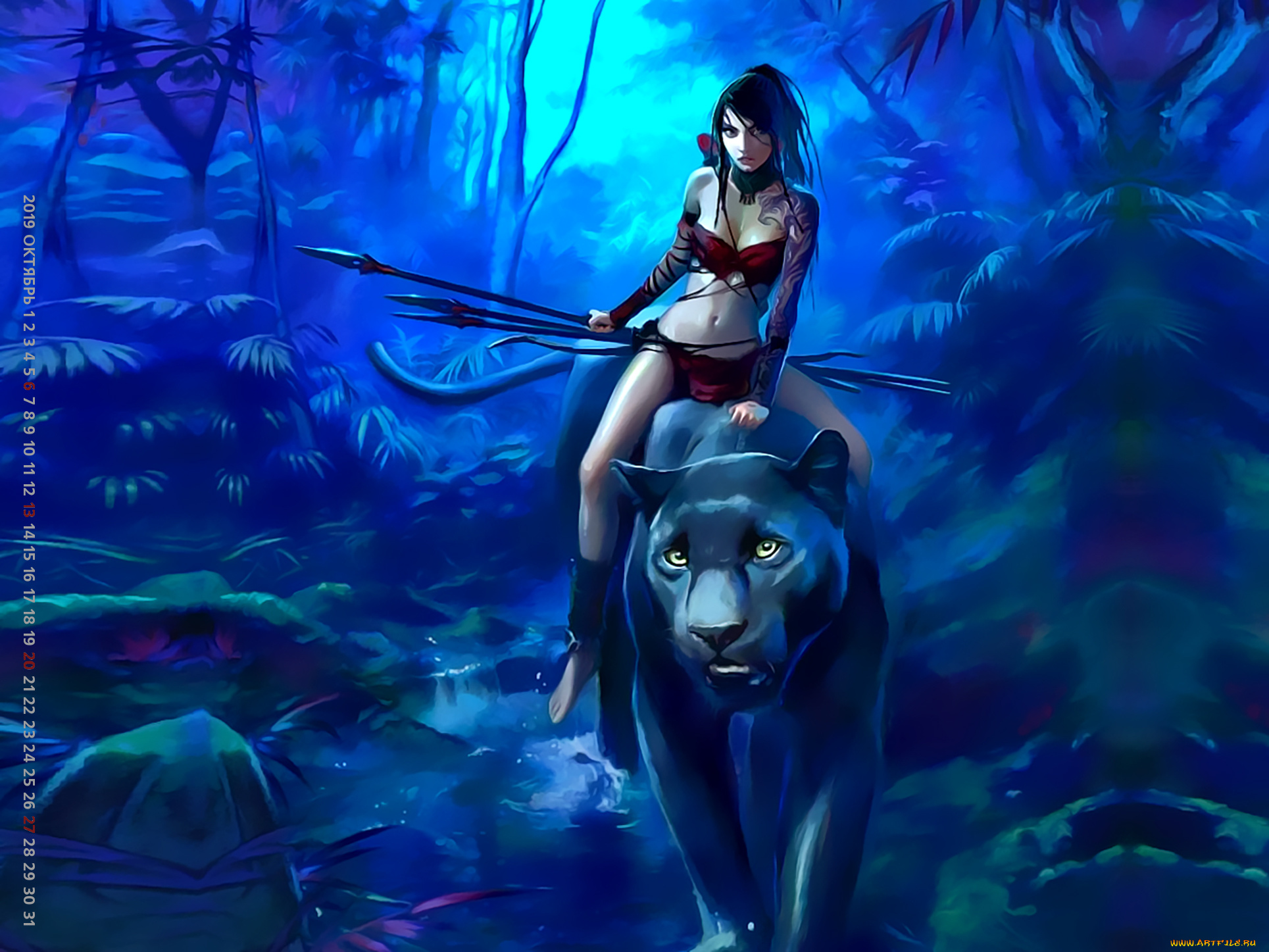 календари, фэнтези, копье, оружие, девушка, 2019, хищник, животное, природа, calendar
