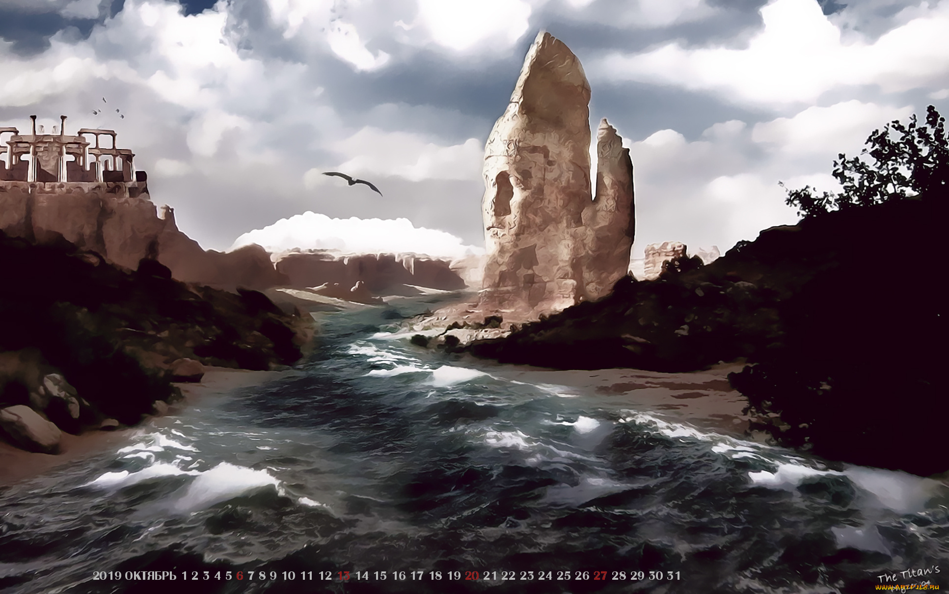 календари, фэнтези, 2019, вода, calendar, водоем, камень, природа, небо, птица