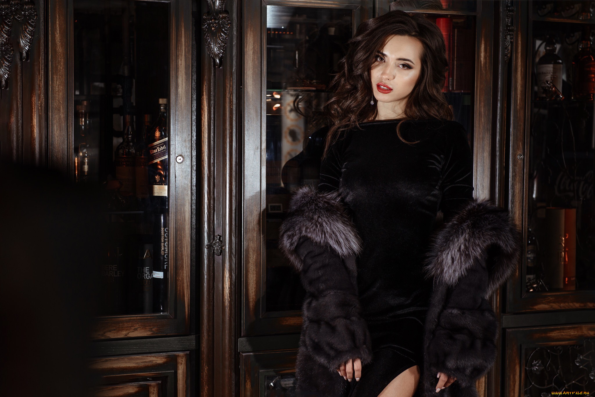 девушки, -unsort, , брюнетки, темноволосые, красная, помада, платье, смотрит, на, зрителя, коричневые, глаза, длинные, волосы, брюнетка, модель, меховое, пальто, черное