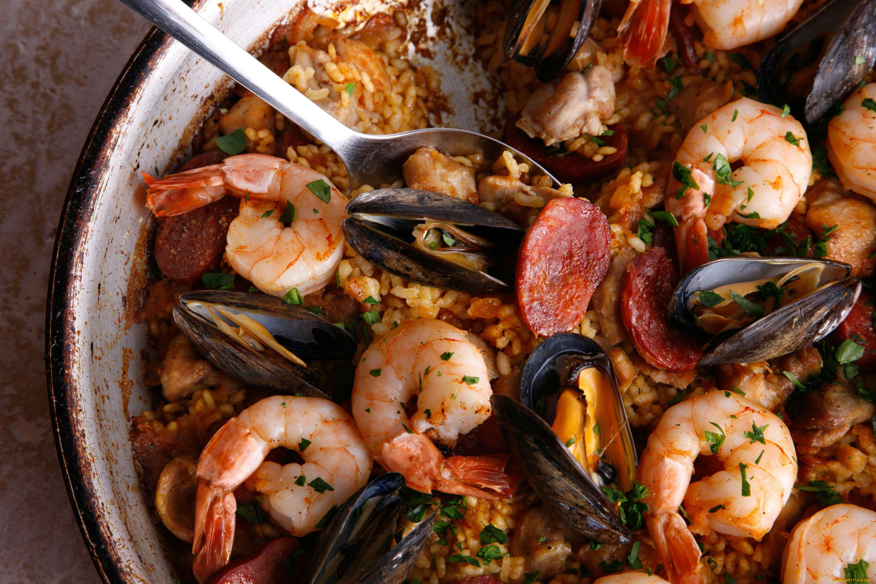 еда, рыбные, блюда, , с, морепродуктами, паэлья, рис, мидии, креветки
