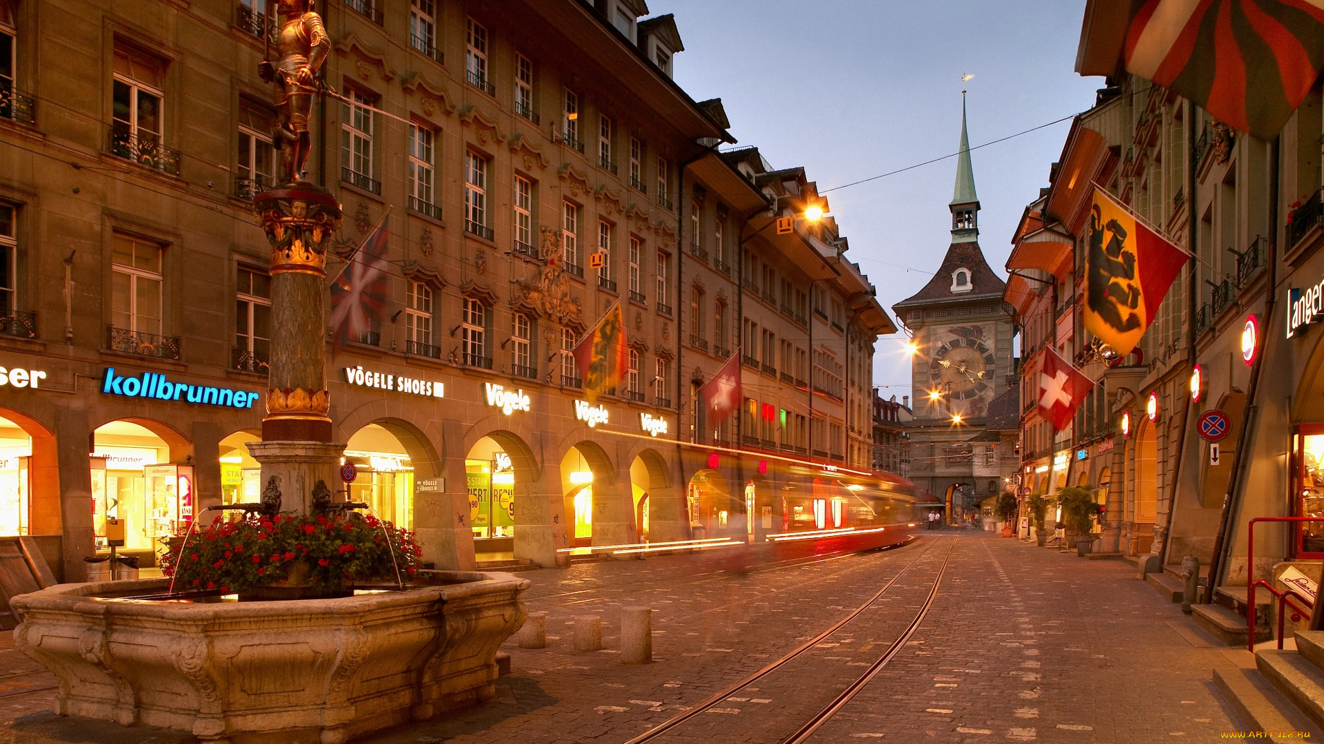 города, берн, , швейцария, улица, вечер, огни, фонтан