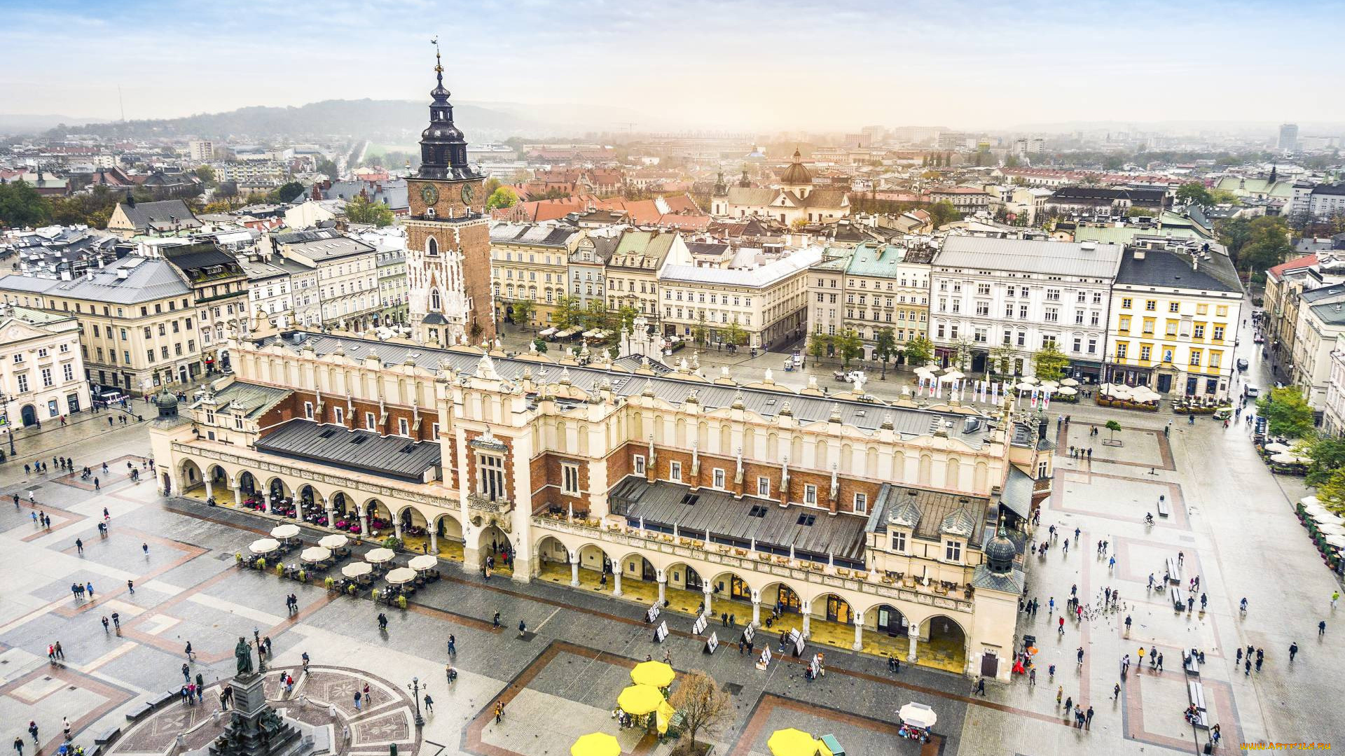 города, краков, , польша, площадь, панорама