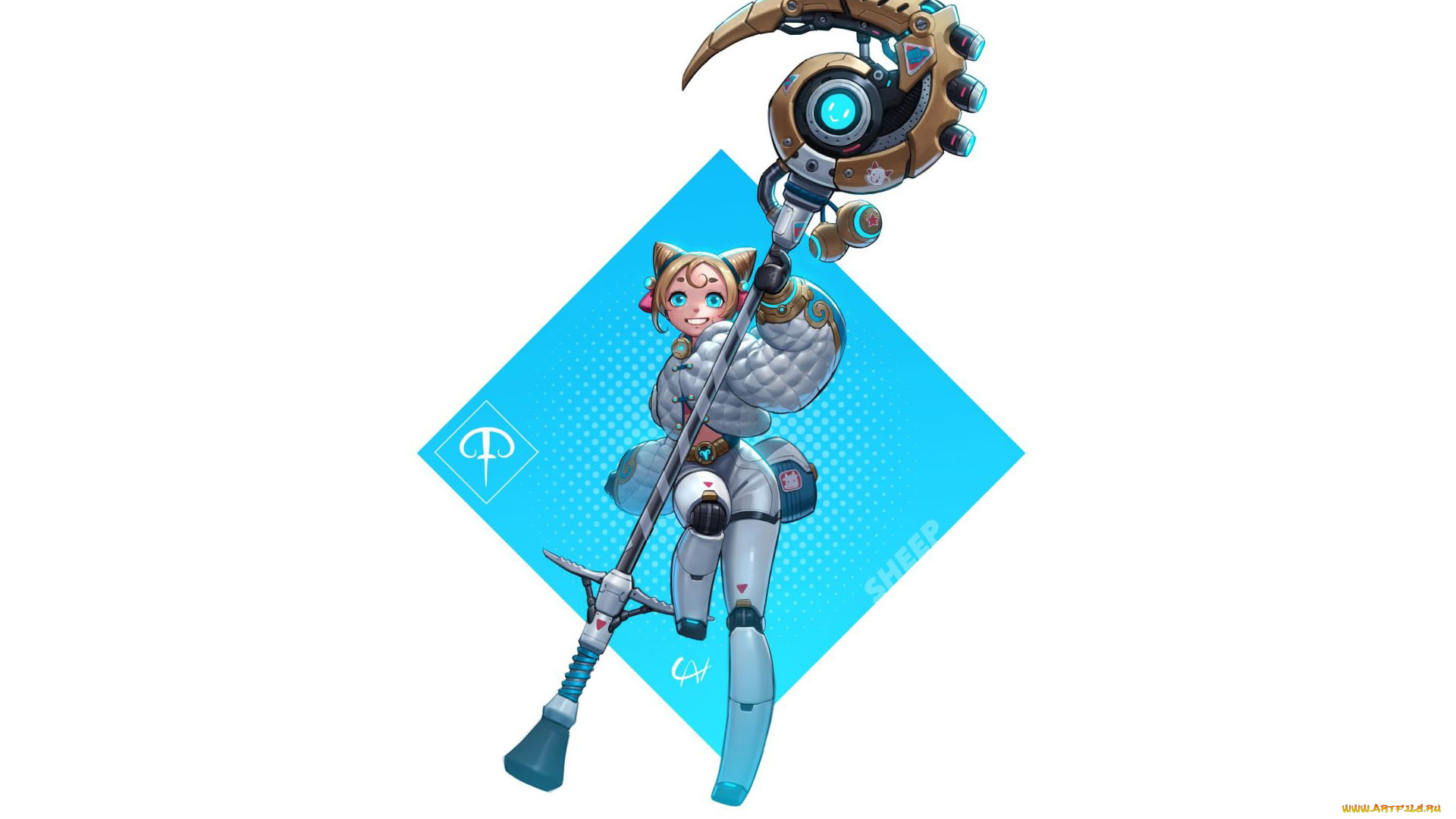 фэнтези, роботы, , киборги, , механизмы, девушка, ушки, посох