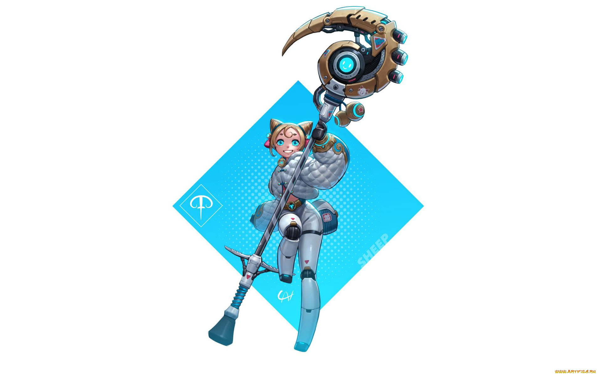 фэнтези, роботы, , киборги, , механизмы, девушка, ушки, посох