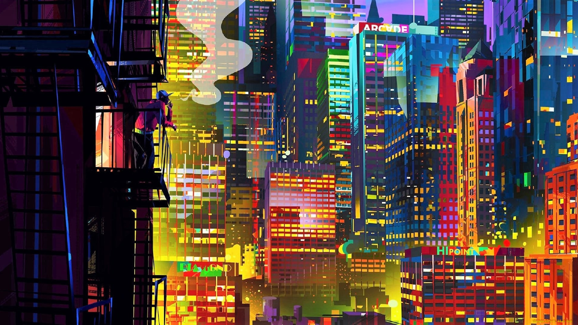 рисованное, города, город, огни, балкон, человек