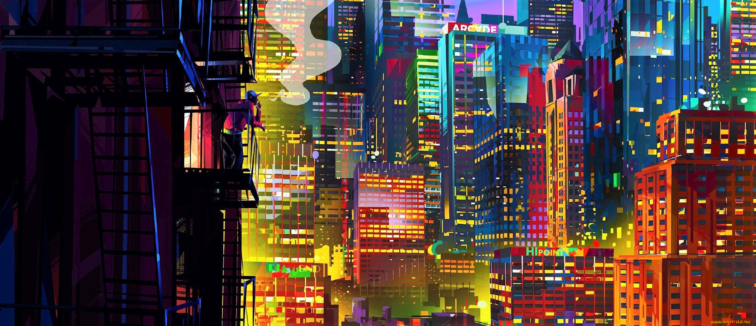 рисованное, города, город, огни, балкон, человек