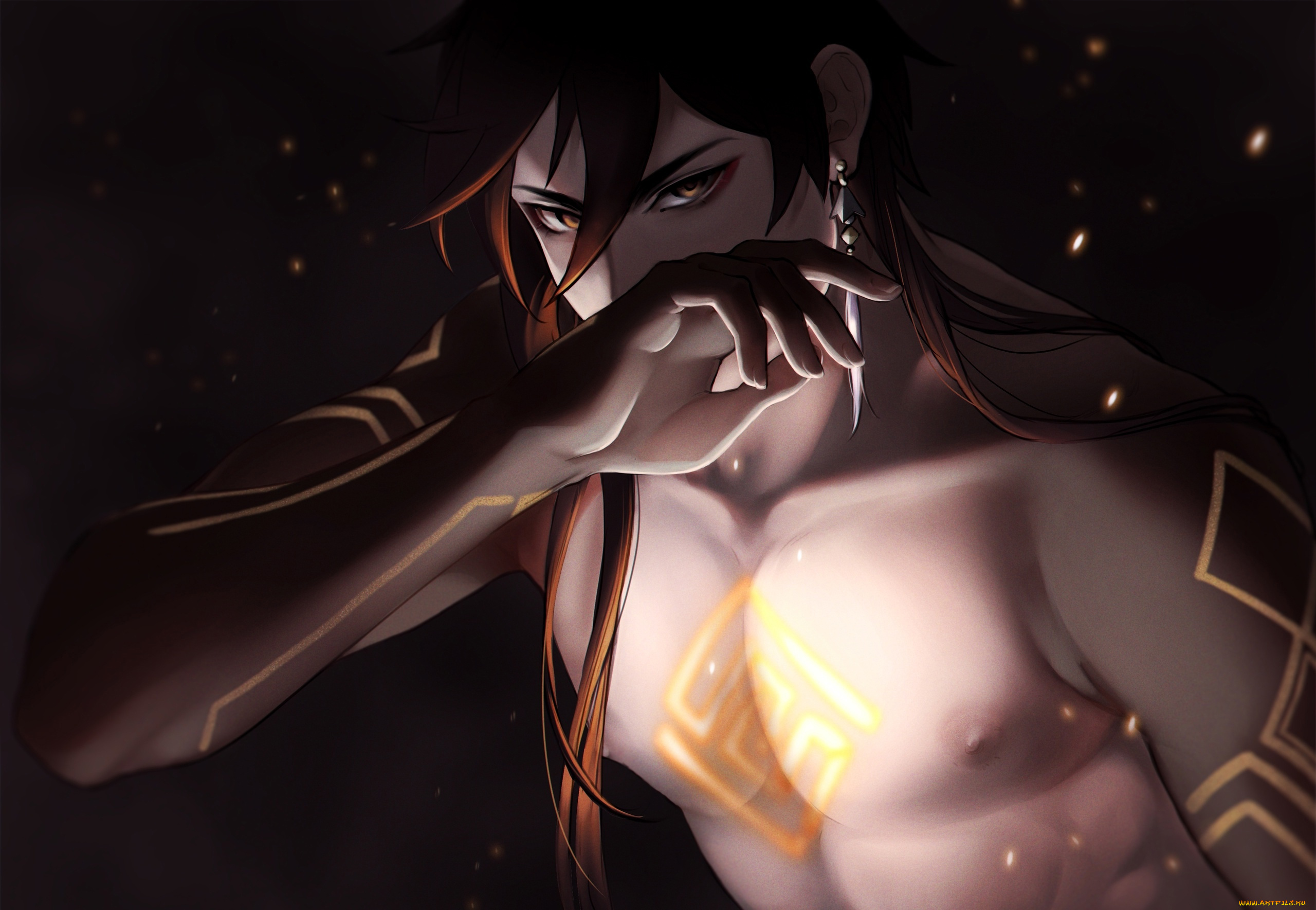 аниме, genshin, impact, парень, серьги, искры