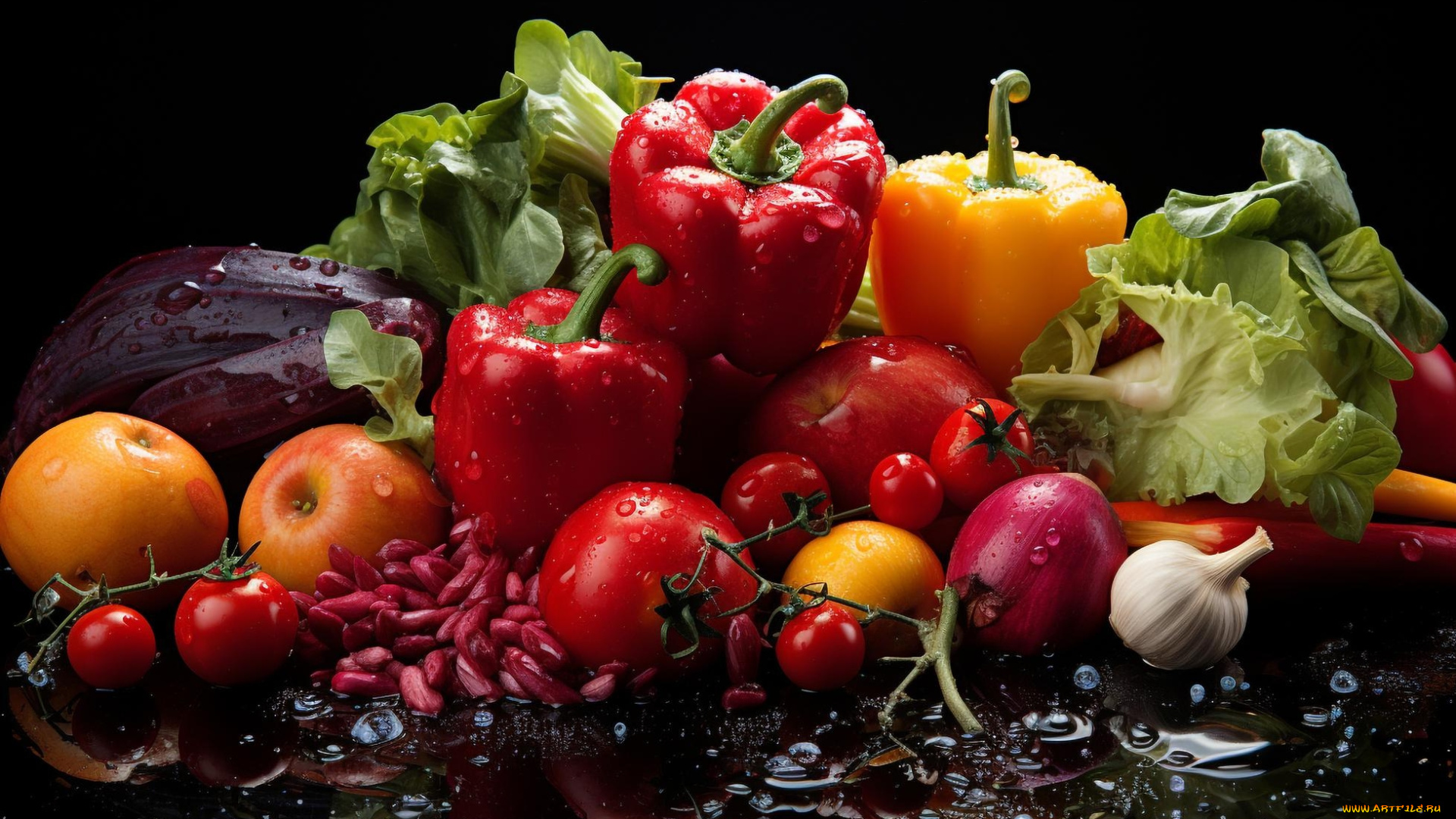 еда, овощи, лук, чеснок, перец, помидоры, салат