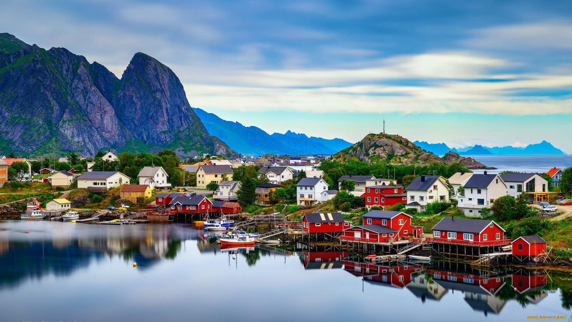 города, лофотенские, острова, , норвегия, горы, фьорд, дома
