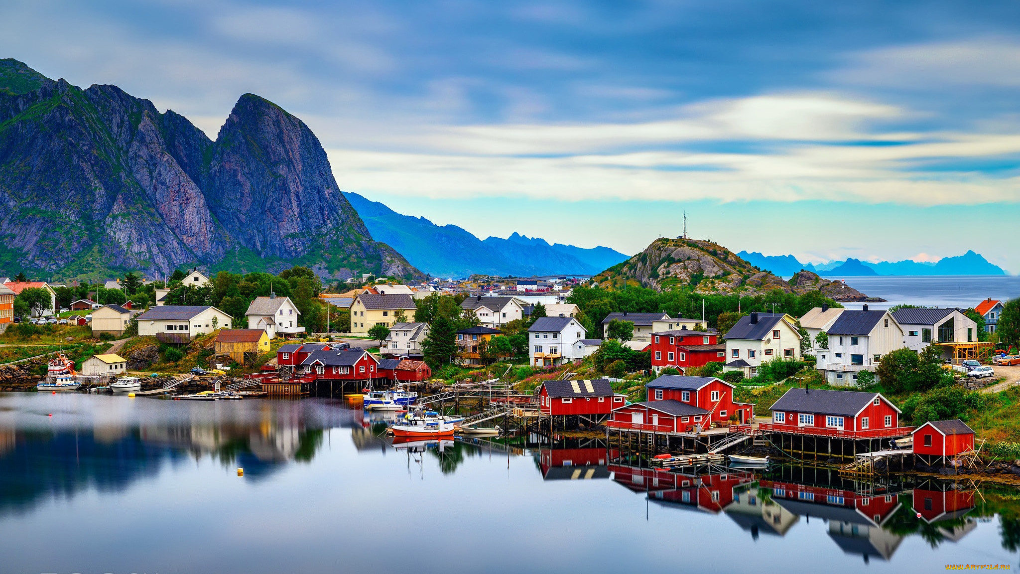 города, лофотенские, острова, , норвегия, горы, фьорд, дома
