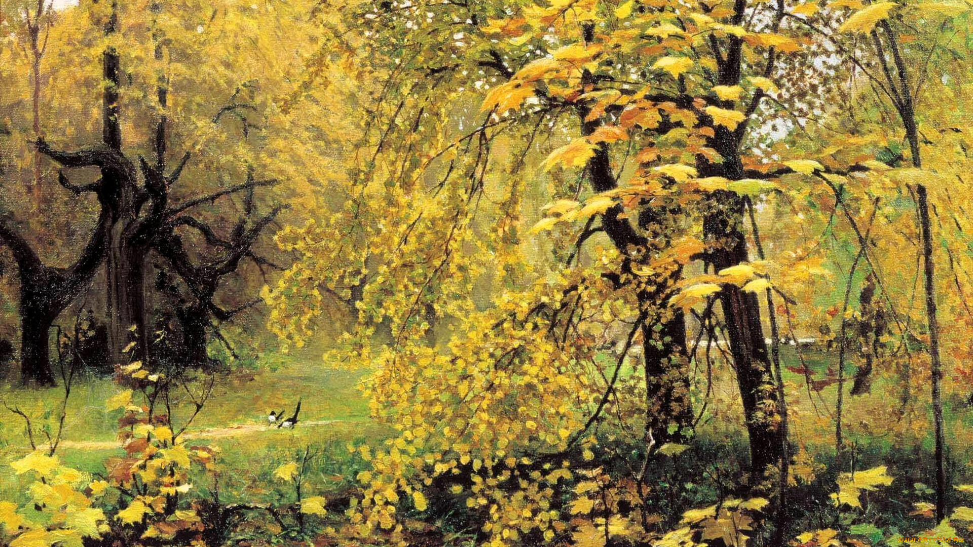 золотая, осень, рисованное, илья, остроухов, осень, лес, деревья, кусты