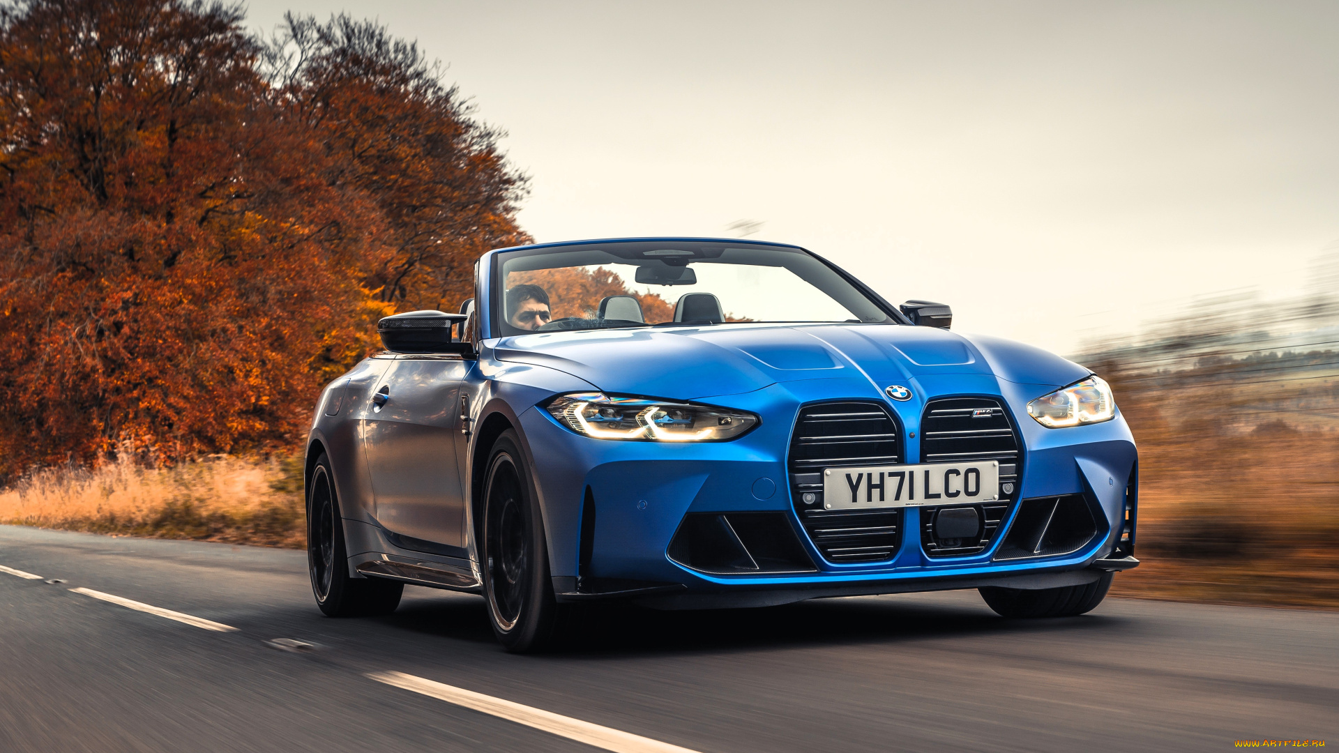 bmw, m4, автомобили, bmw, синий, кабриолет, скорость, дорога, деревья, осень