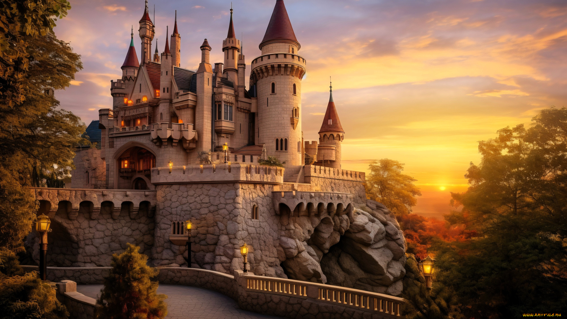 разное, компьютерный, дизайн, замок, стена, дорога, лес, парк, закат