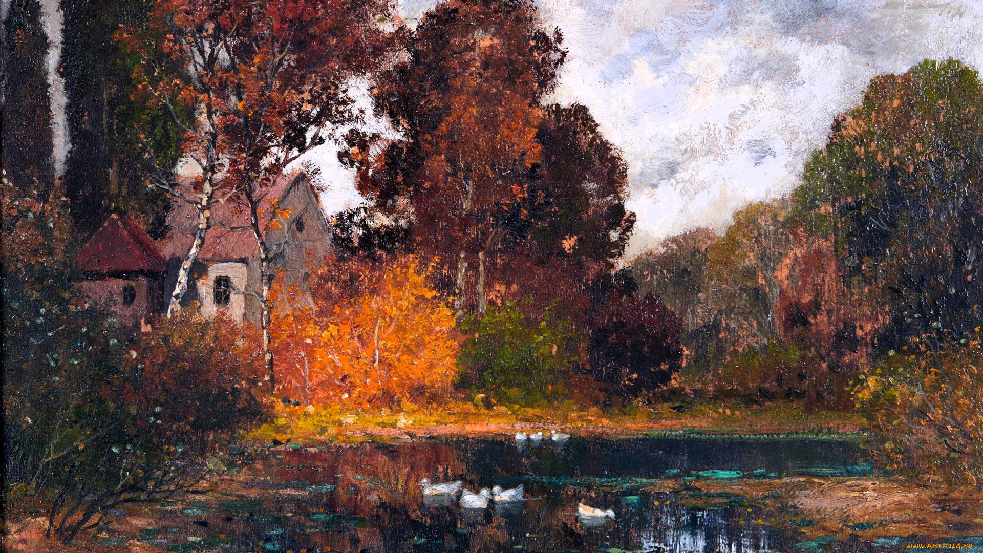рисованное, alois, arnegger, озеро, утки, дома, деревья, осень