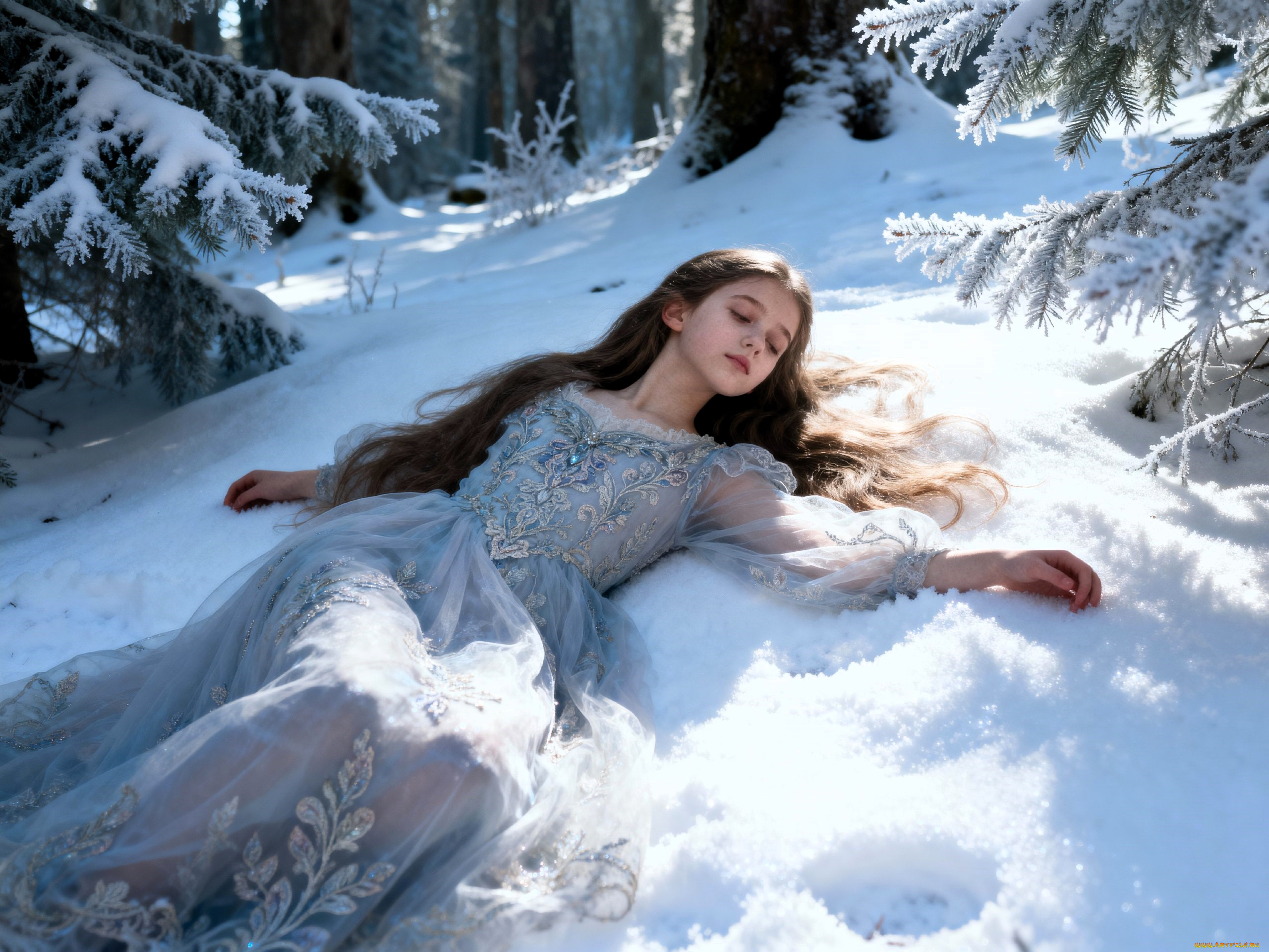 3д, графика, люди, , people, девочка, платье, лес, снег, зима