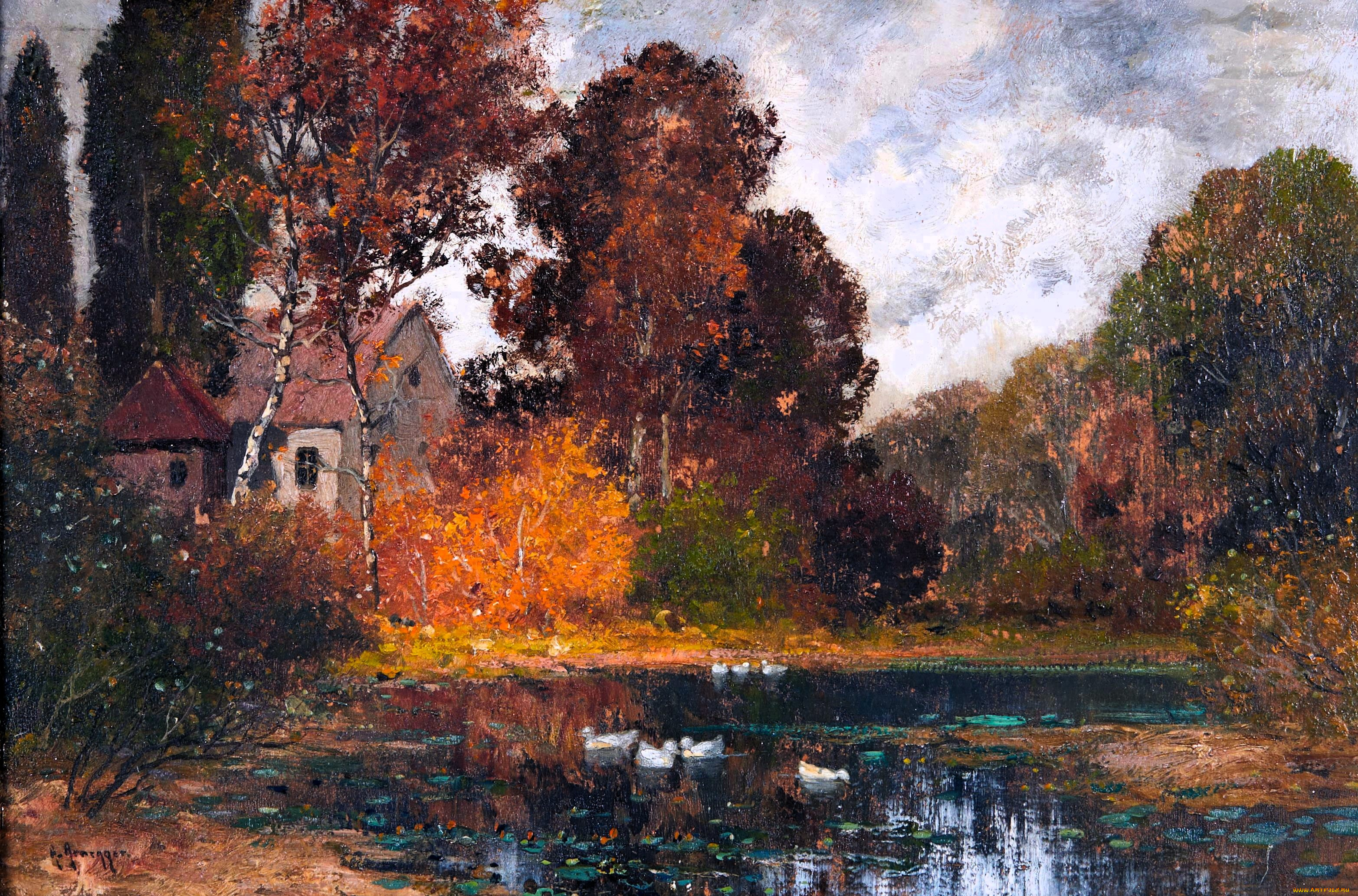 рисованное, alois, arnegger, озеро, утки, дома, деревья, осень