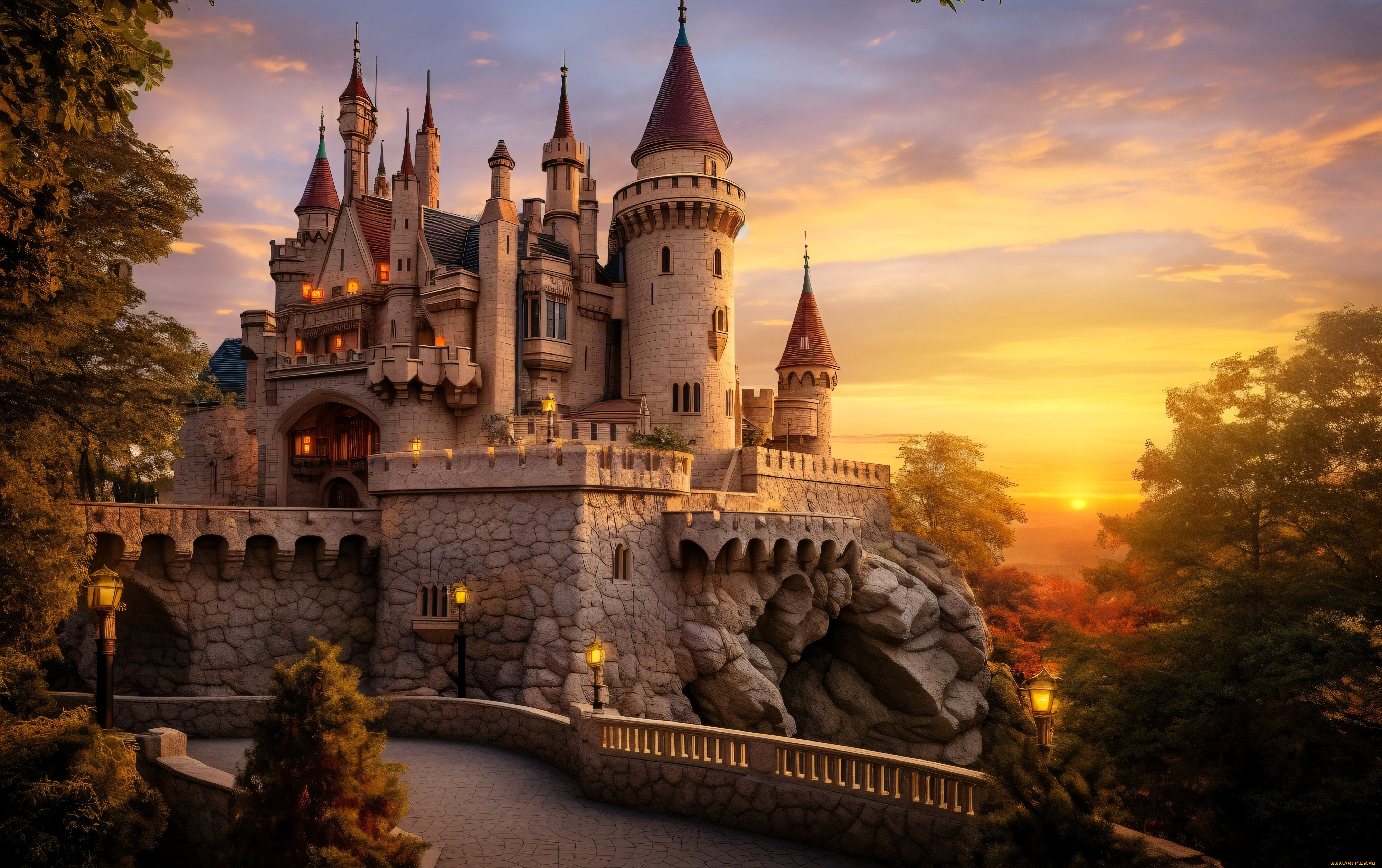разное, компьютерный, дизайн, замок, стена, дорога, лес, парк, закат