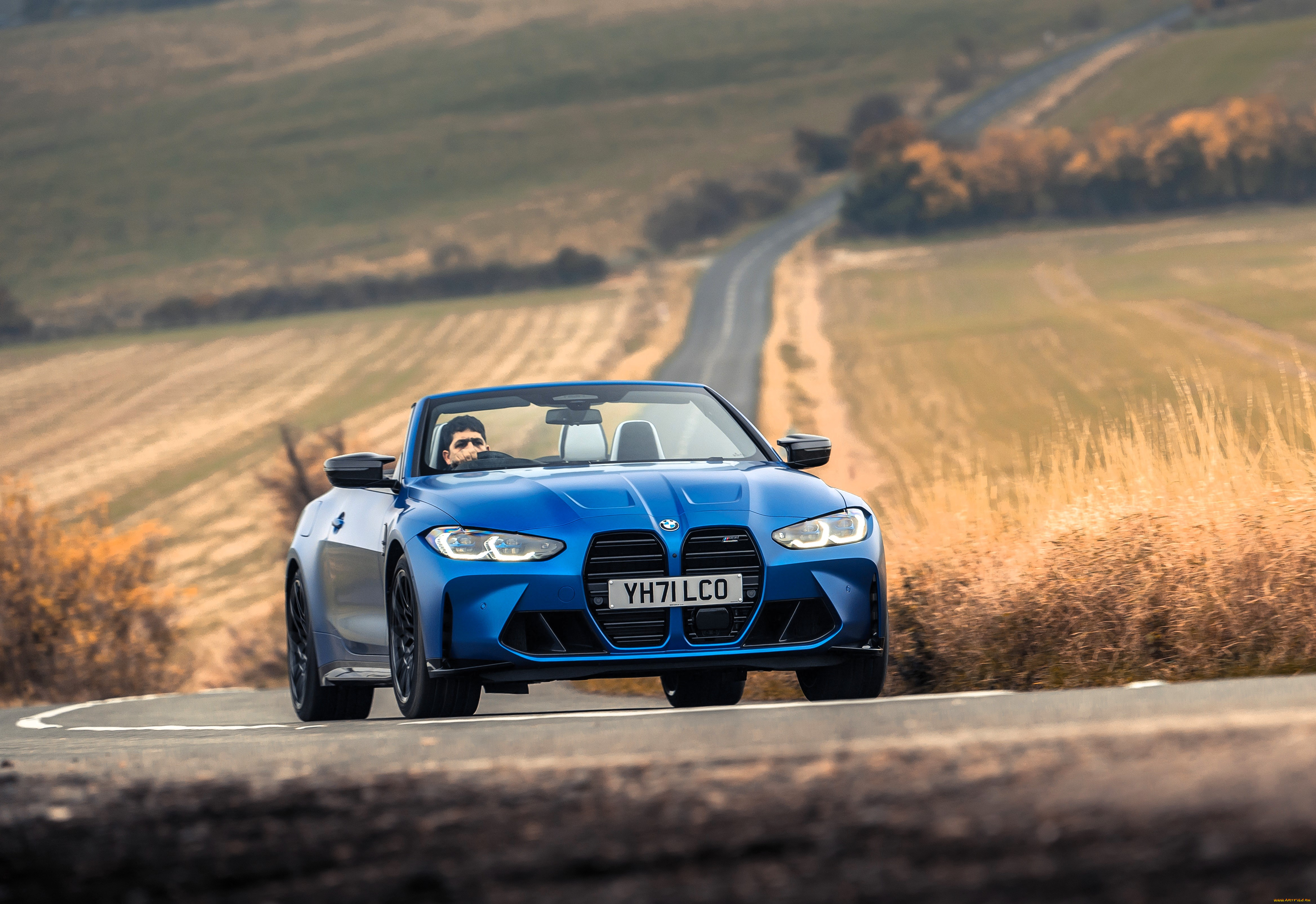 bmw, m4, автомобили, bmw, синий, кабриолет, дорога, поля, деревья