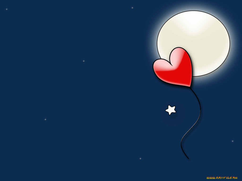 векторная, графика, луна, полнолуние, ночь, звезды, шарик, сердечко