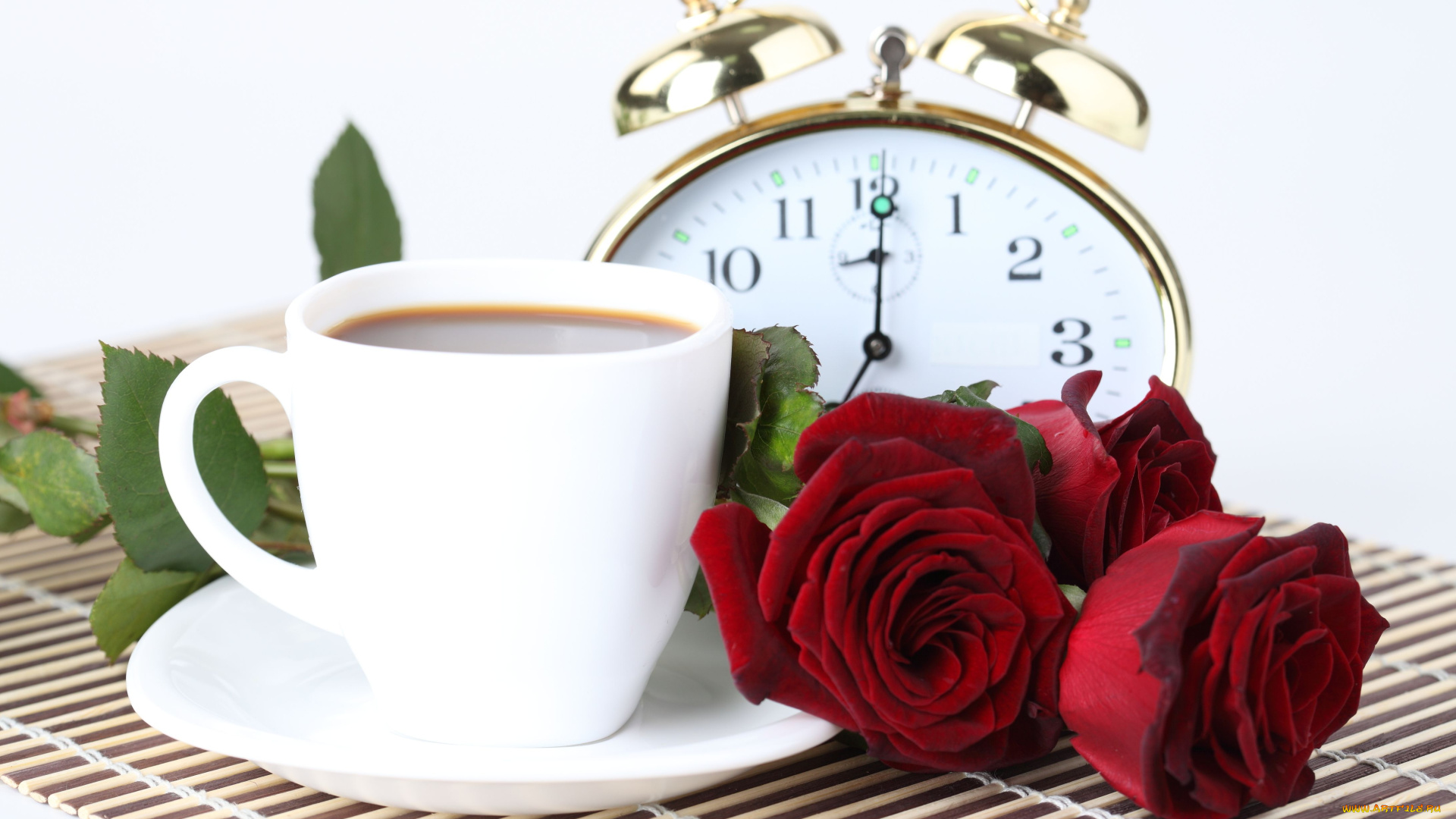 еда, кофе, кофейные, зёрна, розы, часы, будильник, цветы, чашка