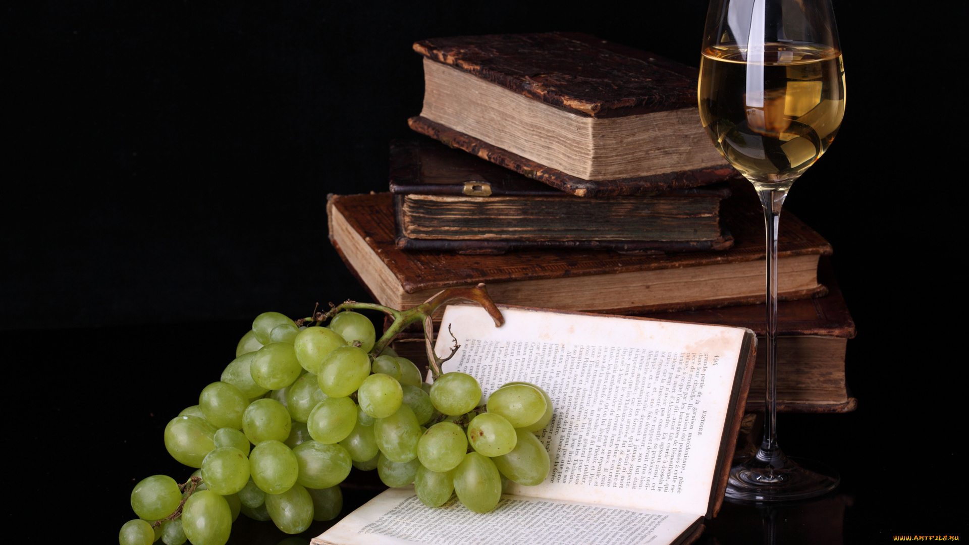 еда, натюрморт, виноград, вино, книги