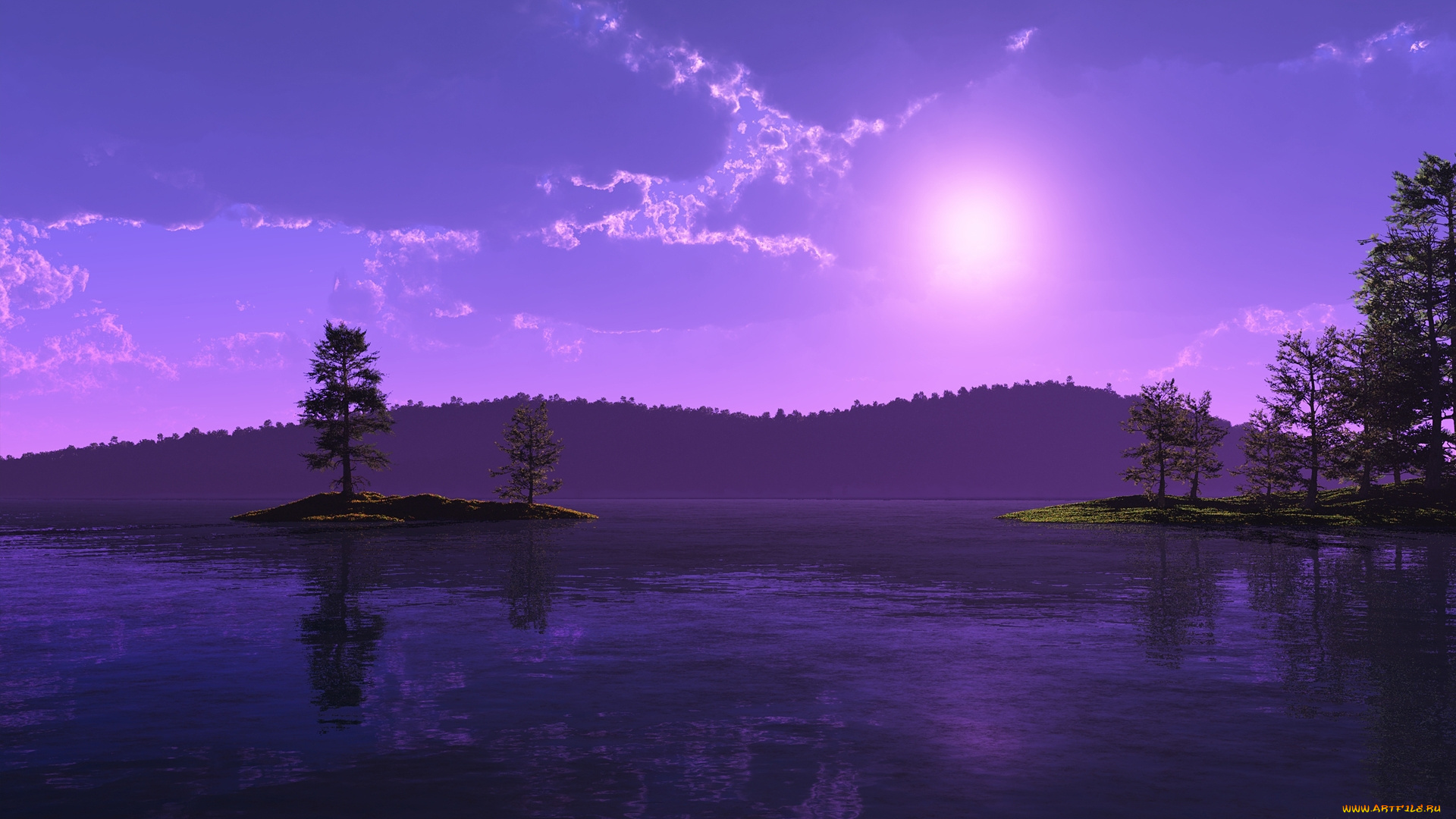 3д, графика, nature, landscape, природа, деревья, острова, солнце, озеро