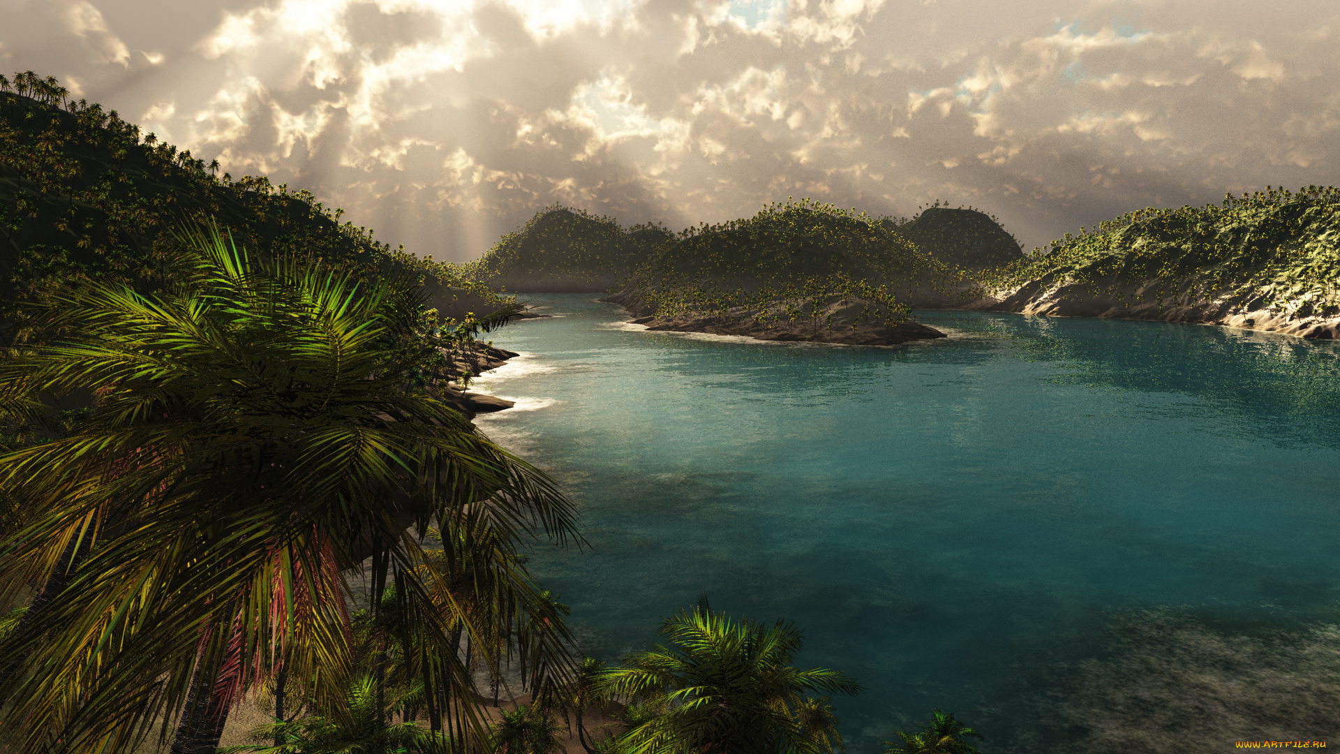 3д, графика, nature, landscape, природа, пальмы, острова, тропики