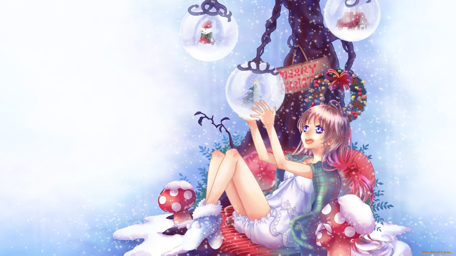 аниме, merry, chrismas, winter, мухоморы, девочка