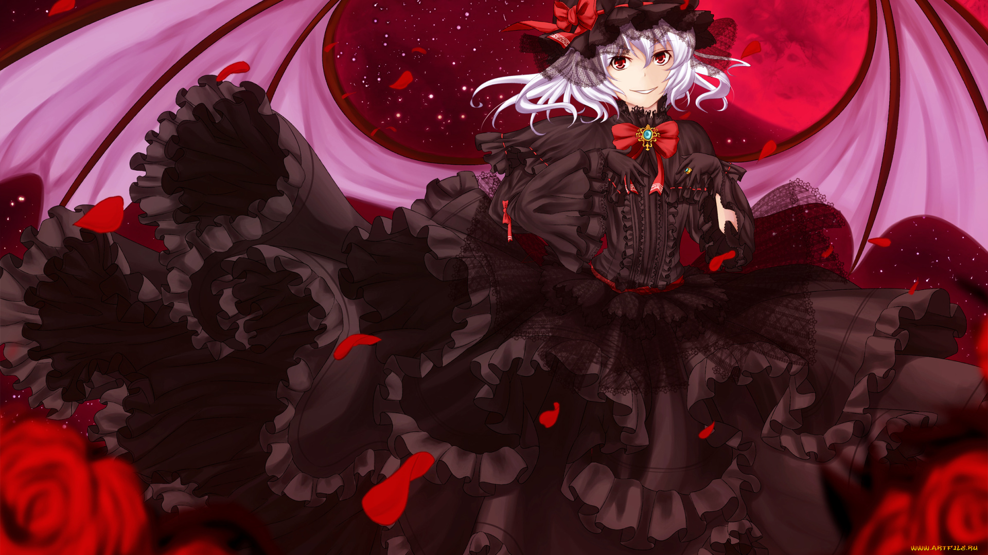 аниме, touhou, крылья, луна, красная, untsue, розы, платье, remilia, scarlet, девушка