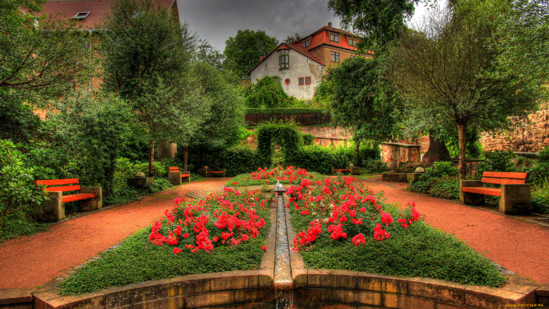 германия, шмалькальден, природа, парк, цветы, фонтан