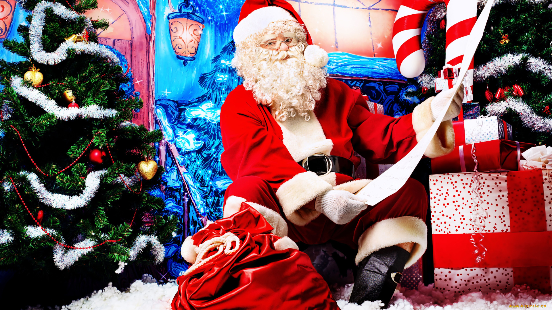 праздничные, дед, мороз, подарки, мешок, коробки, ёлка