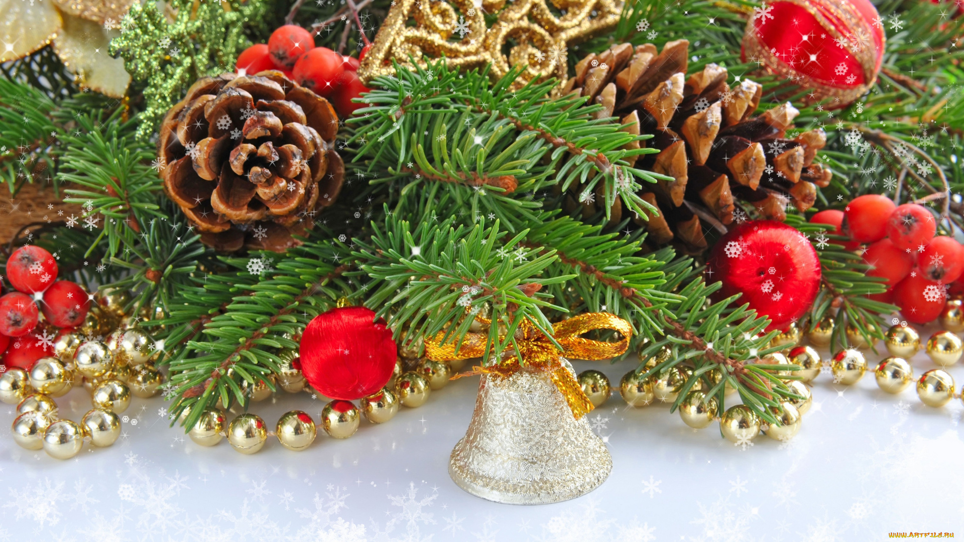 праздничные, украшения, шишки, колокольчик, рябина, еловая, ветка