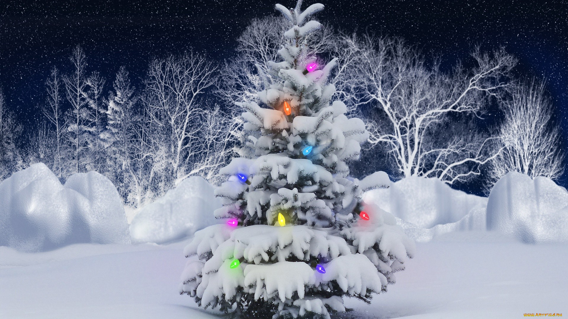 праздничные, Ёлки, лампочки, елка, снег